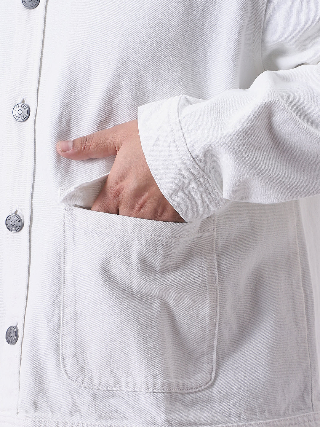 Plus Men's White Relaxed Fit Full Sleeve Utility Denim Jacket