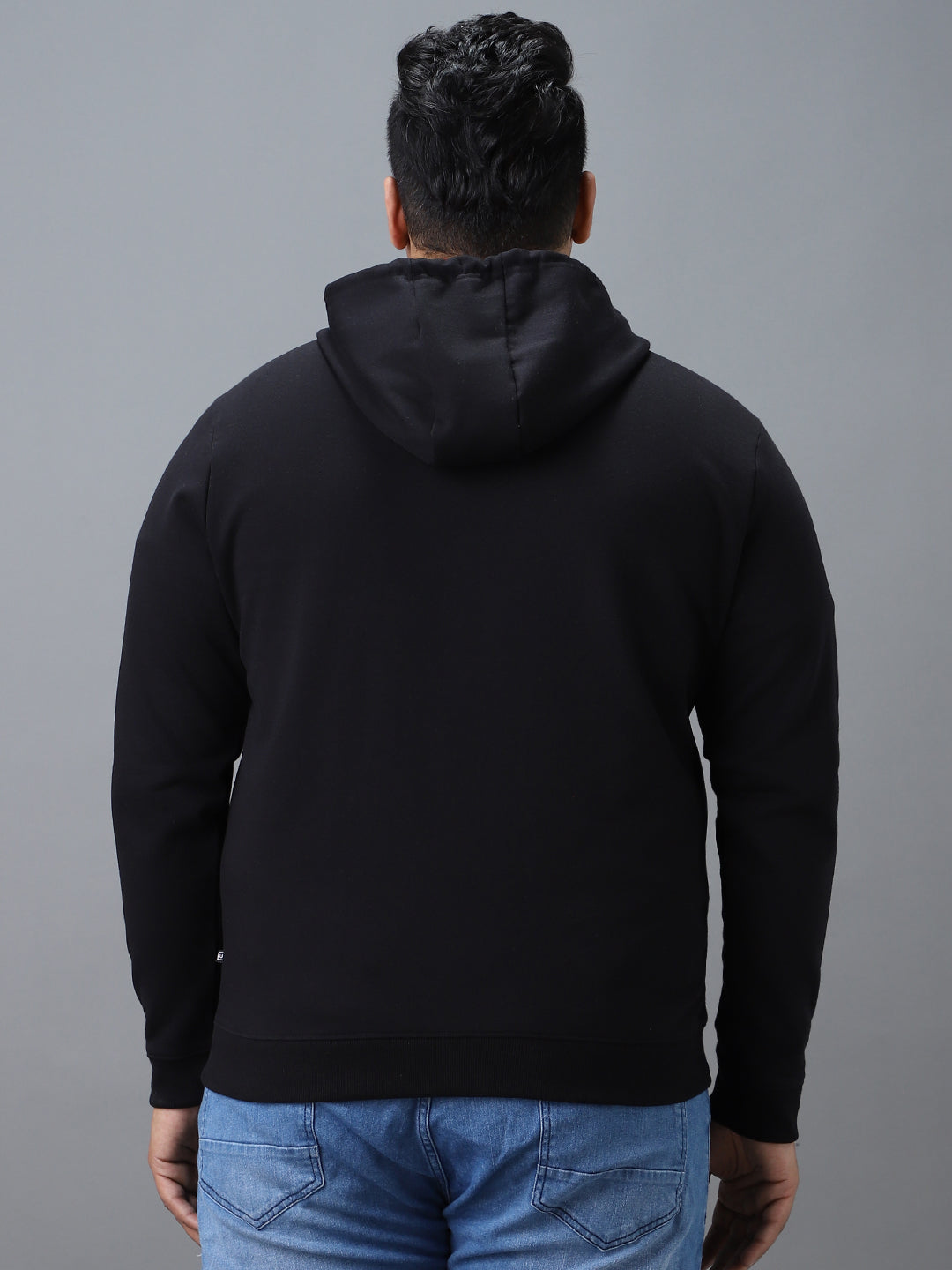 Plus Men's Black Solid Cotton Zippered Full Sleeve Hooded Sweatshirt