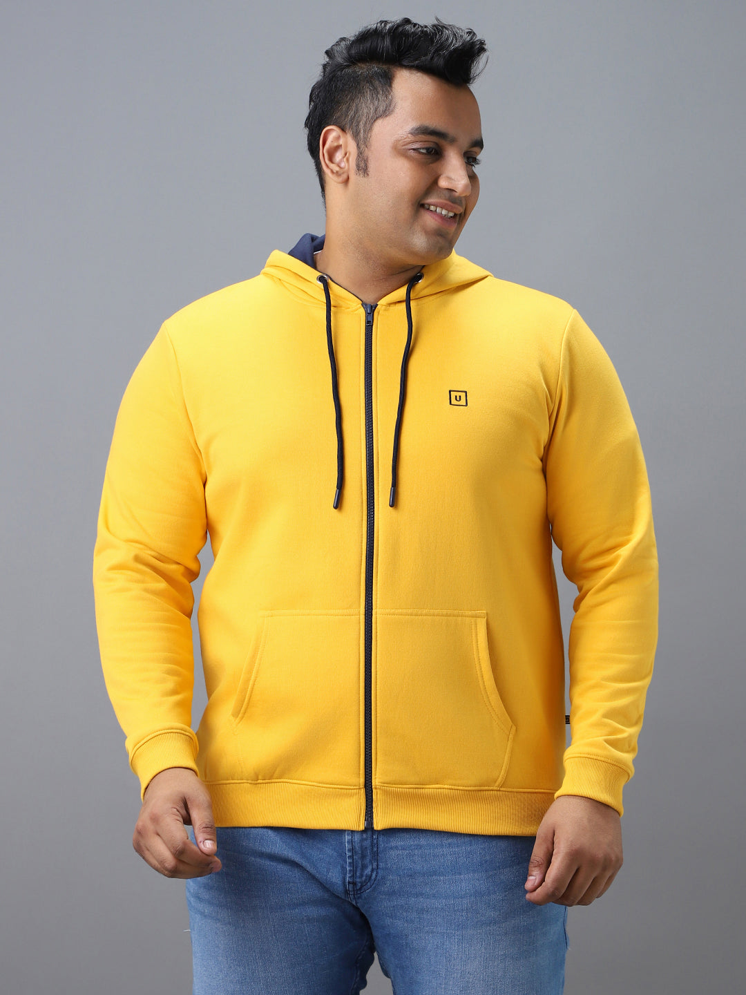 Plus Men's Yellow Solid Cotton Zippered Hooded Casual Winterwear Sweatshirt
