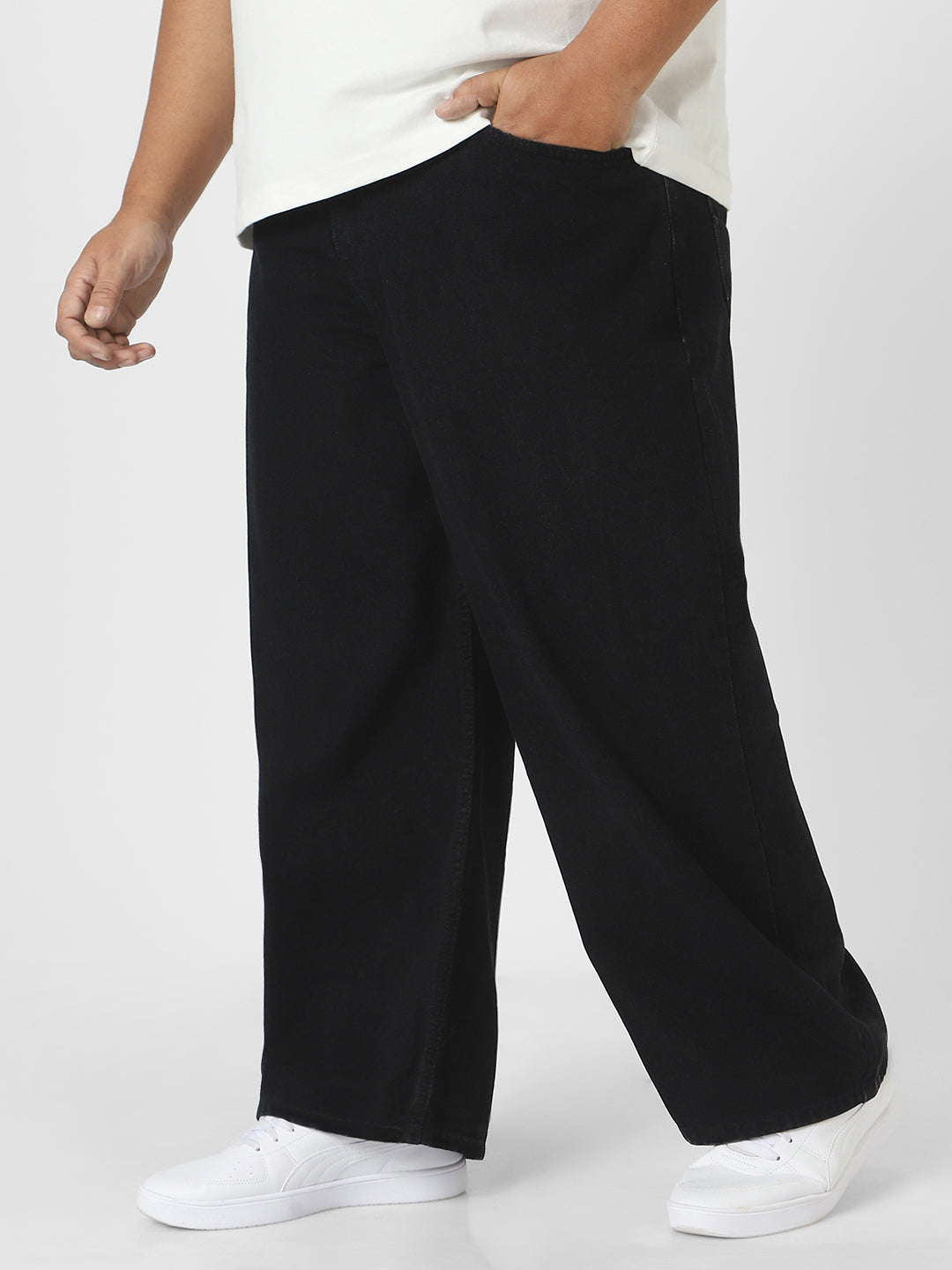 Plus Men's Black Loose Fit Washed Jeans Non-Stretchable