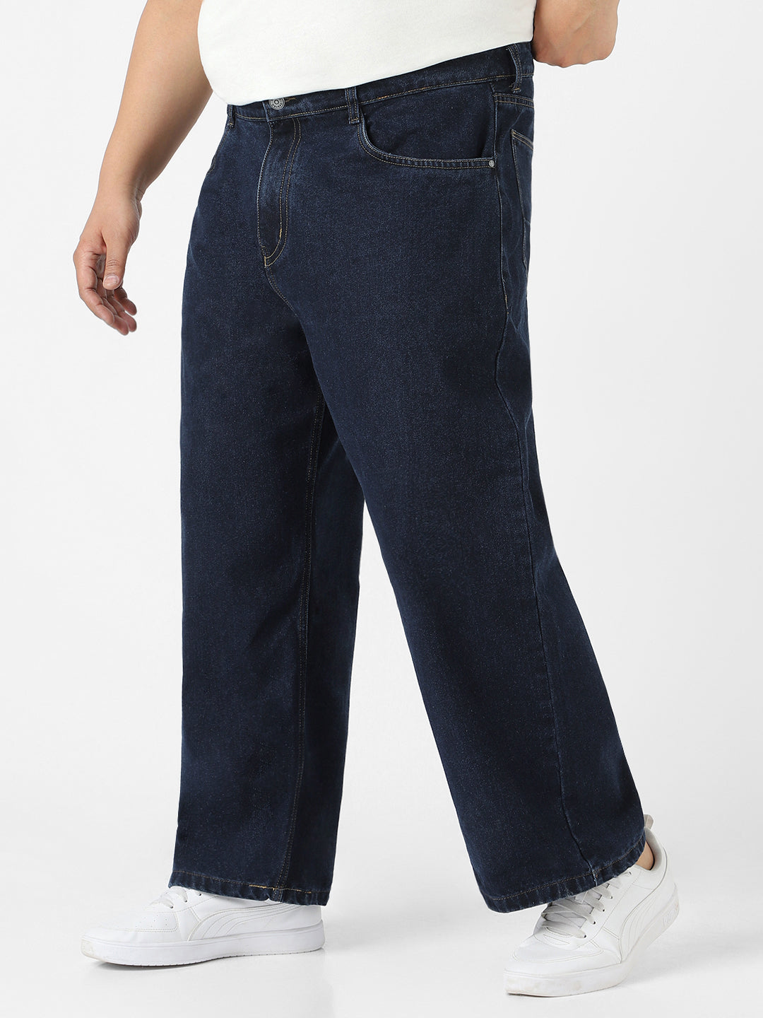 Plus Men's Dark Blue Loose Fit Washed Jeans Non-Stretchable