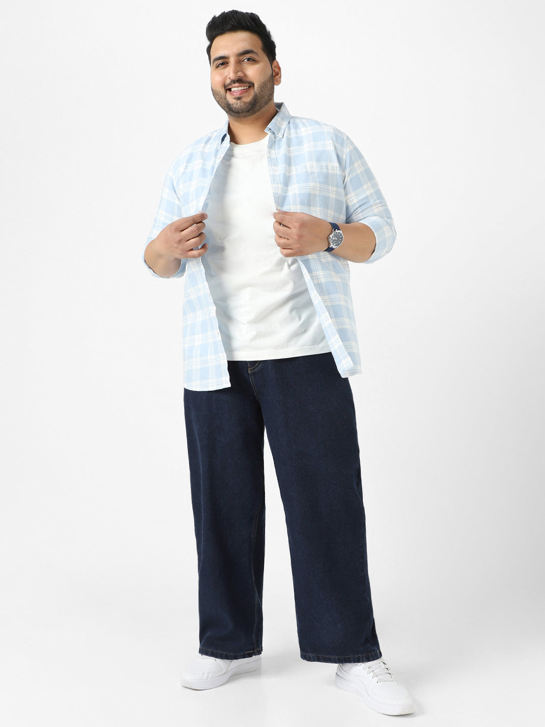 Plus Men's Dark Blue Loose Fit Washed Jeans Non-Stretchable