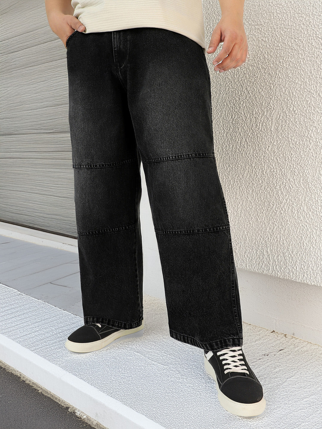 Plus Men's Black Loose Baggy Fit Cut and Sew Panelled Jeans Non-Stretchable