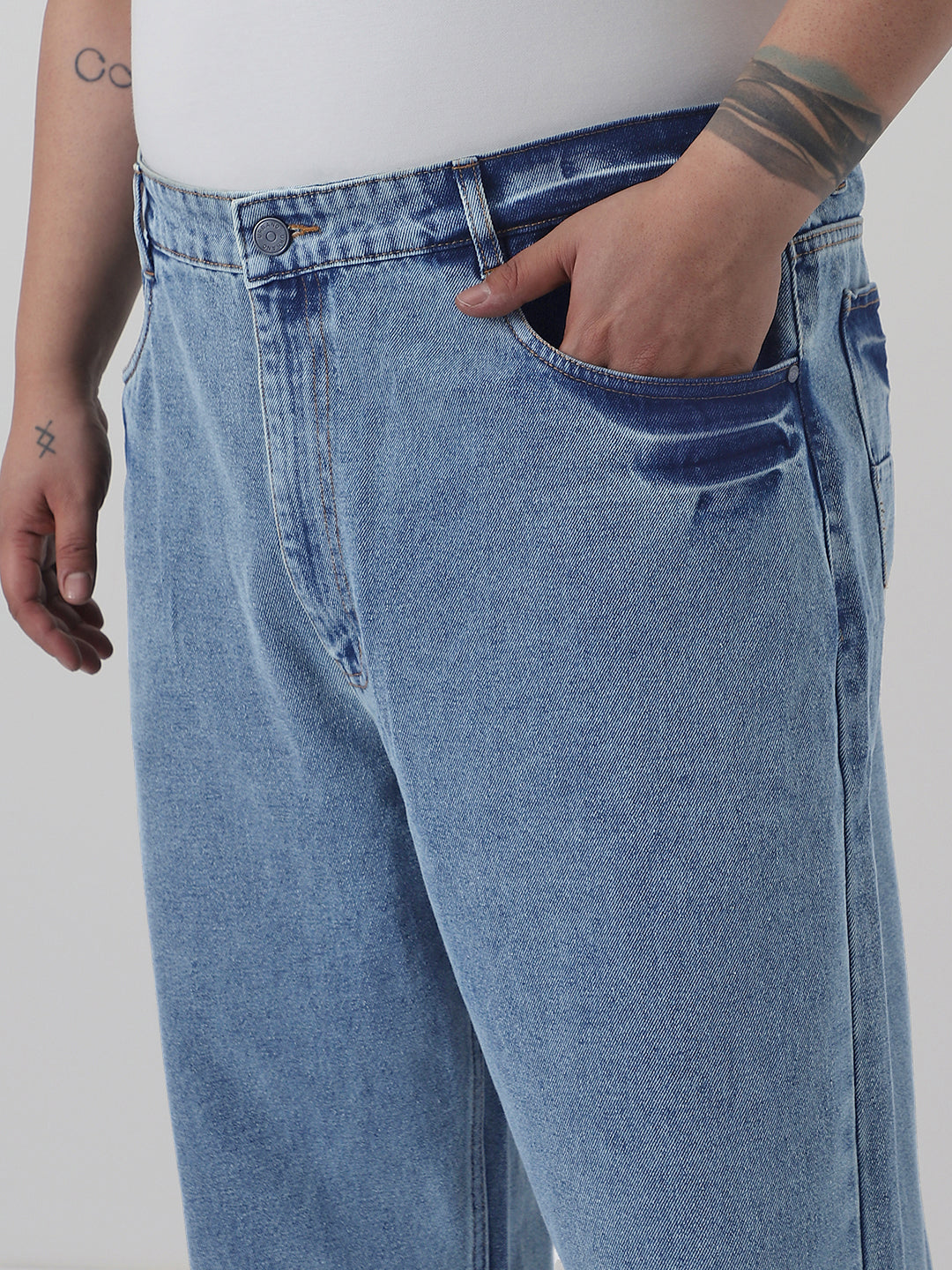 Plus Men's Light Blue  Loose Baggy Fit Washed Jeans Non-Stretchable
