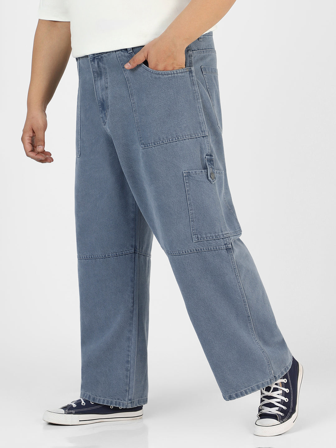 Plus Men's Light Grey Loose Baggy Fit Washed Cargo Jeans with 6 Pockets Non-Stretchable