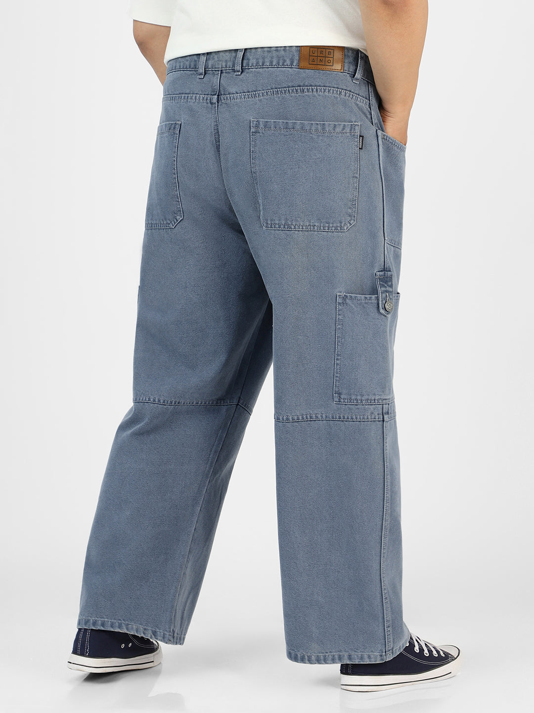 Plus Men's Light Grey Loose Baggy Fit Washed Cargo Jeans with 6 Pockets Non-Stretchable