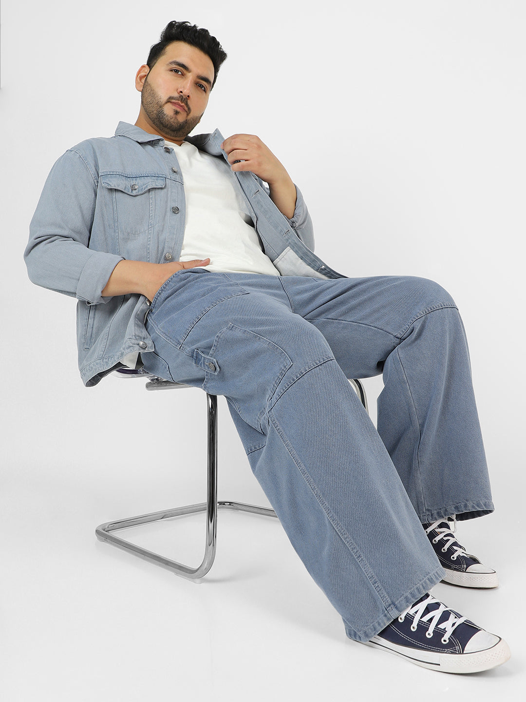 Plus Men's Light Grey Loose Baggy Fit Washed Cargo Jeans with 6 Pockets Non-Stretchable