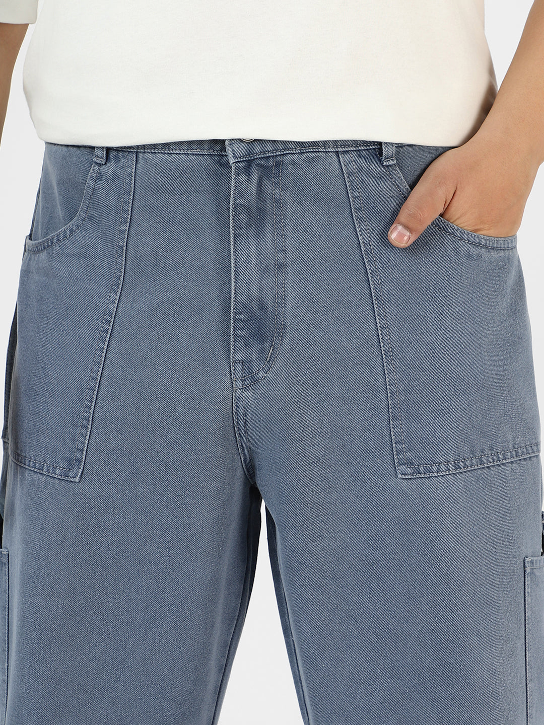 Plus Men's Light Grey Loose Baggy Fit Washed Cargo Jeans with 6 Pockets Non-Stretchable