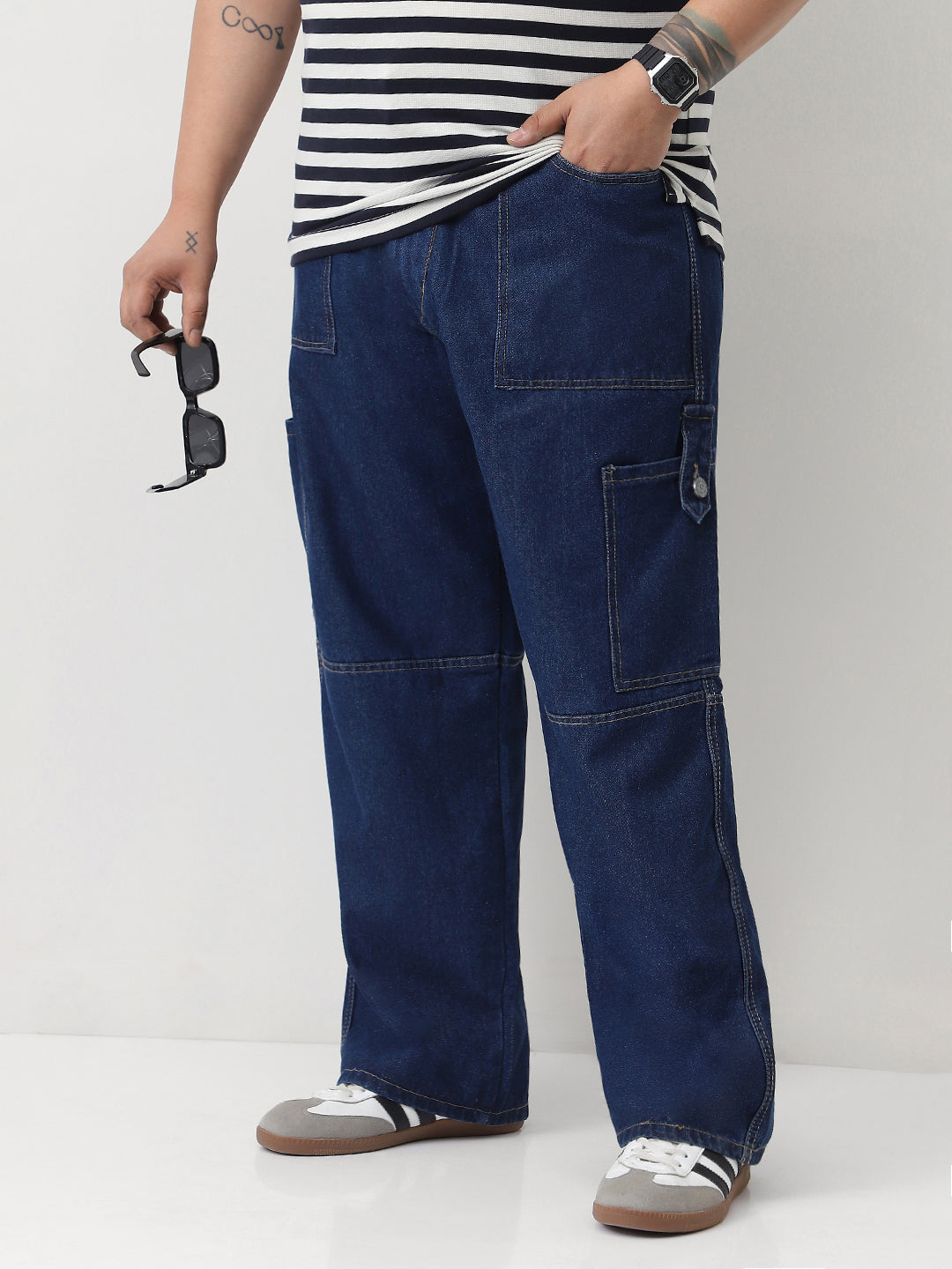 Plus Men's Blue Loose Baggy Fit Washed Cargo Jeans with 6 Pockets Non-Stretchable