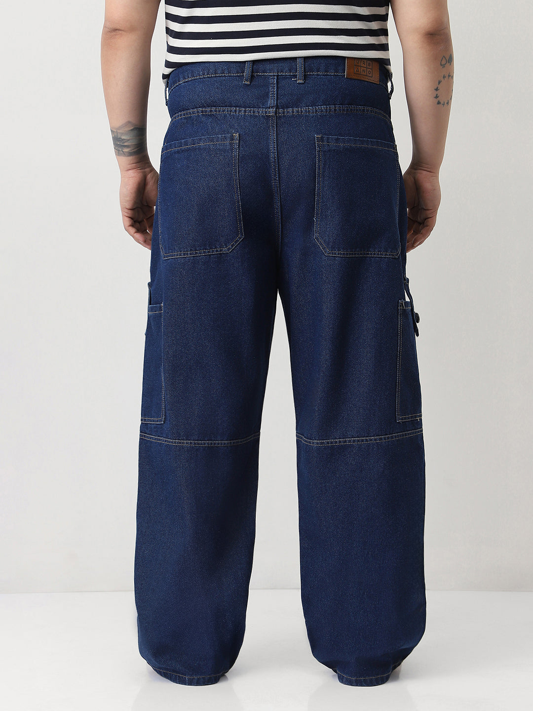 Plus Men's Blue Loose Baggy Fit Washed Cargo Jeans with 6 Pockets Non-Stretchable