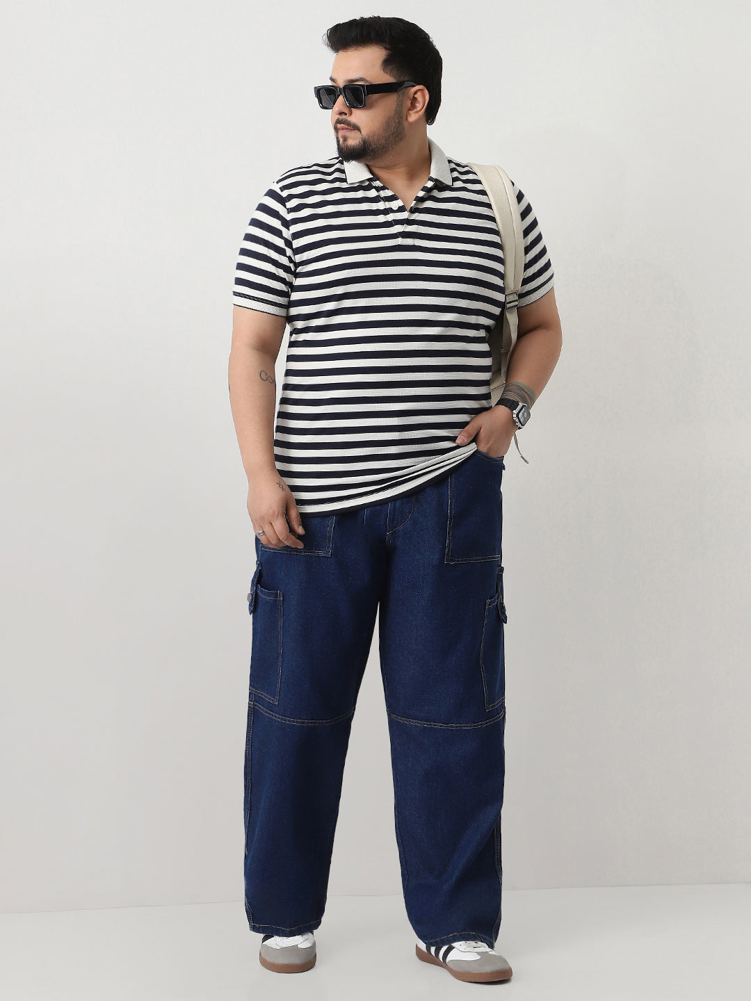 Plus Men's Blue Loose Baggy Fit Washed Cargo Jeans with 6 Pockets Non-Stretchable