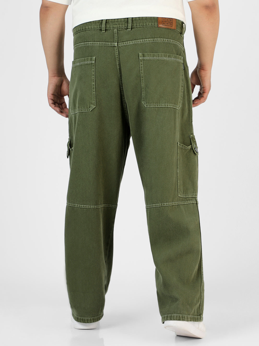 Plus Men's Olive Green Loose Baggy Fit Washed Cargo Jeans with 6 Pockets Non-Stretchable