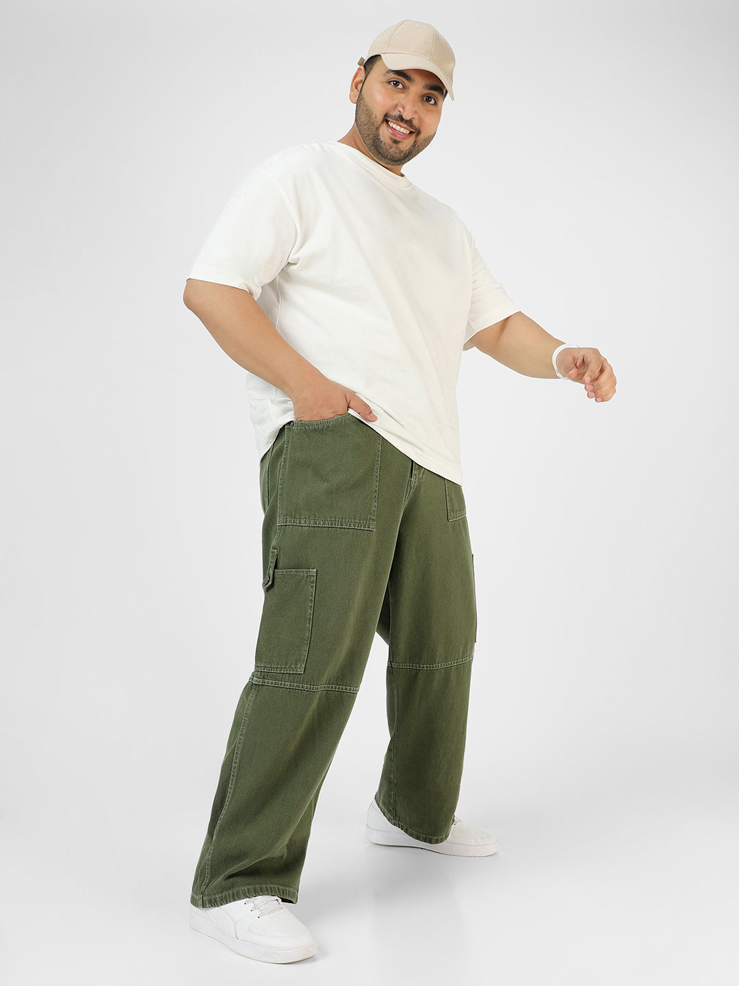 Plus Men's Olive Green Loose Baggy Fit Washed Cargo Jeans with 6 Pockets Non-Stretchable