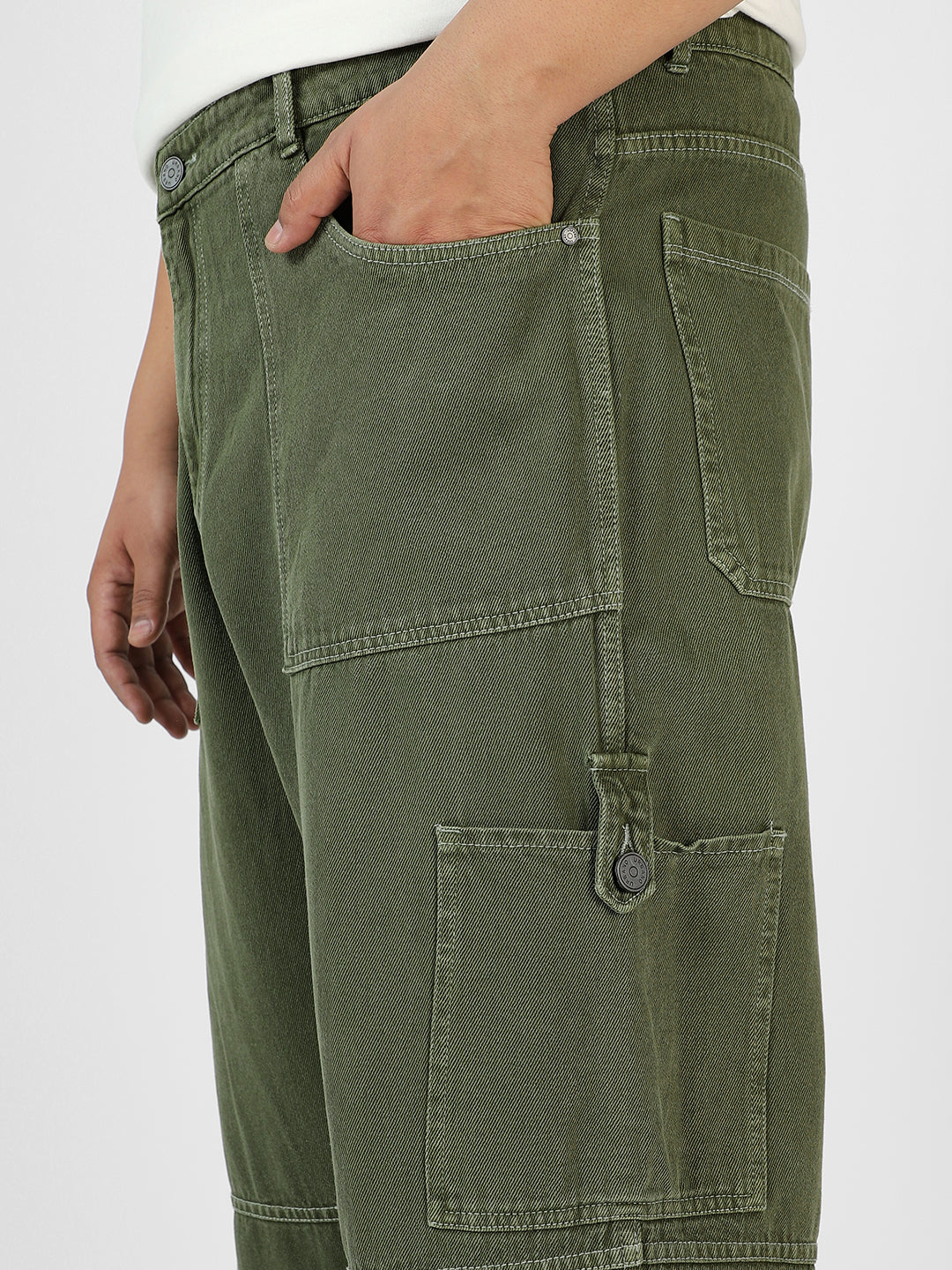 Plus Men's Olive Green Loose Baggy Fit Washed Cargo Jeans with 6 Pockets Non-Stretchable