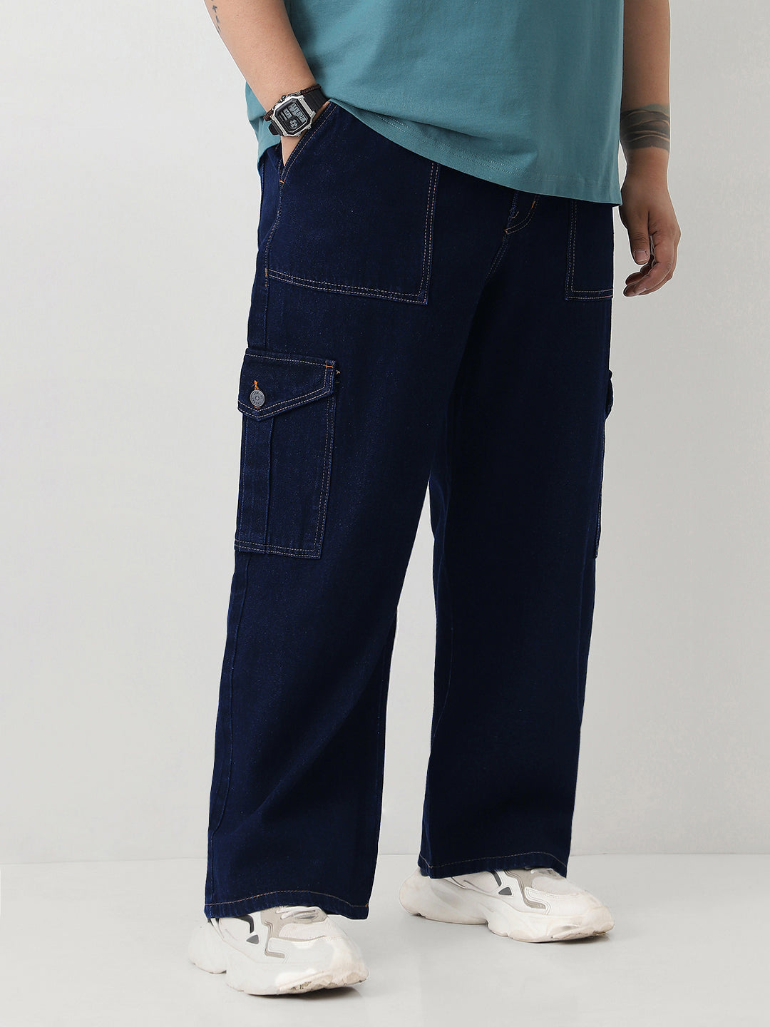 Plus Men's Dark Blue Loose Fit Cargo Jeans with 6 Pockets Non-Stretchable