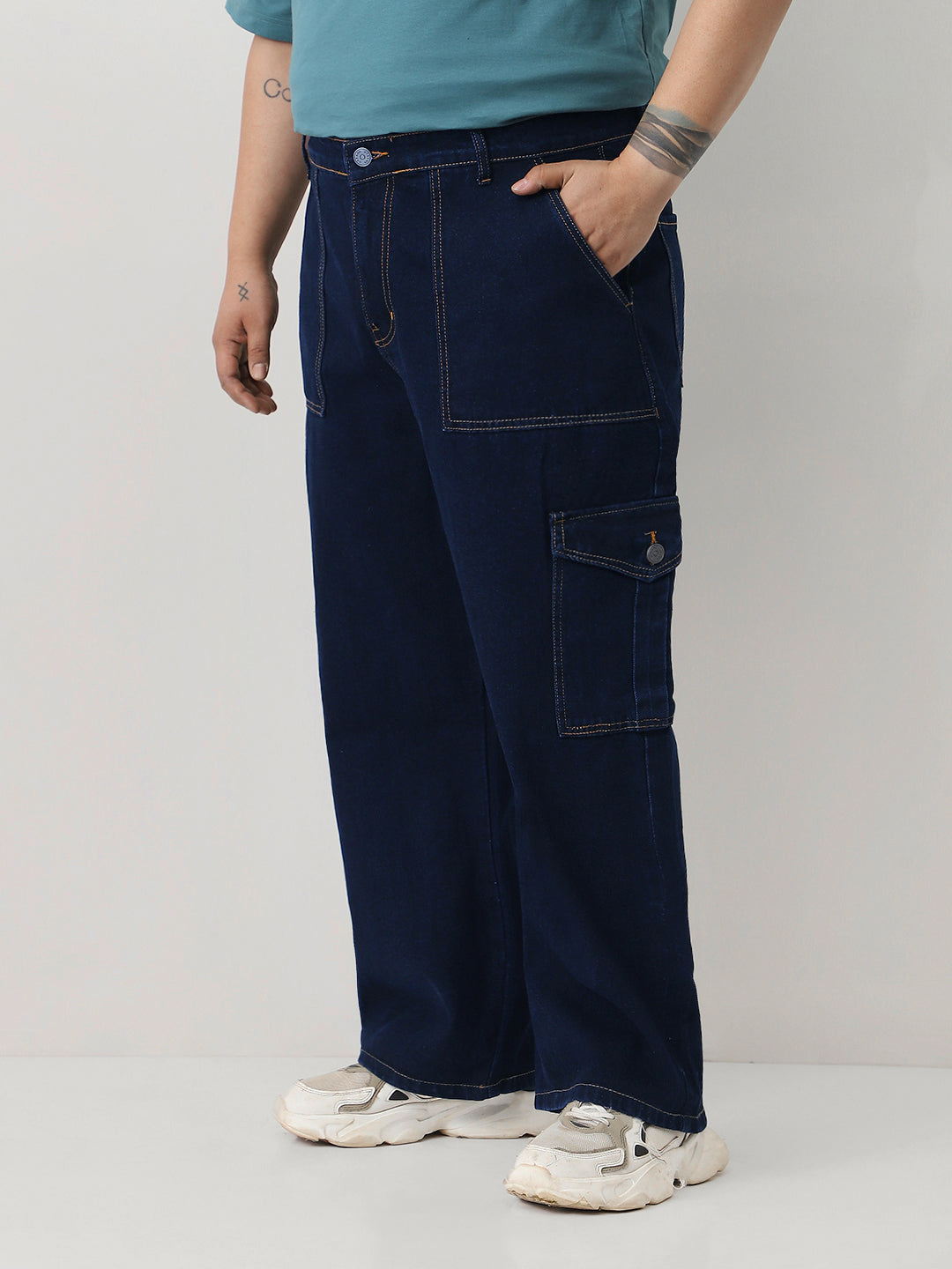 Plus Men's Dark Blue Loose Fit Cargo Jeans with 6 Pockets Non-Stretchable