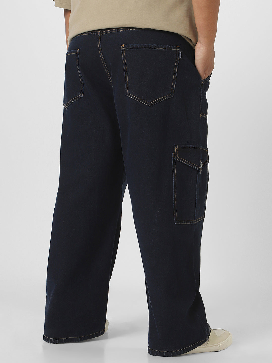 Plus Men's Dark Blue Loose Fit Cargo Jeans with 6 Pockets Non-Stretchable