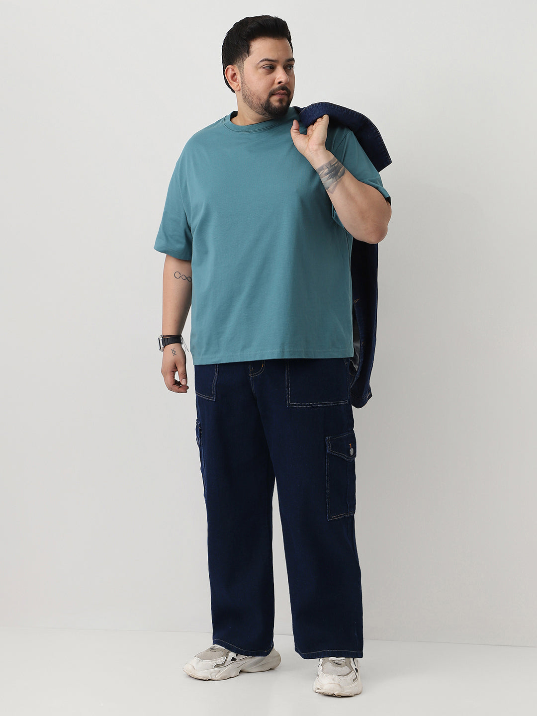 Plus Men's Dark Blue Loose Fit Cargo Jeans with 6 Pockets Non-Stretchable