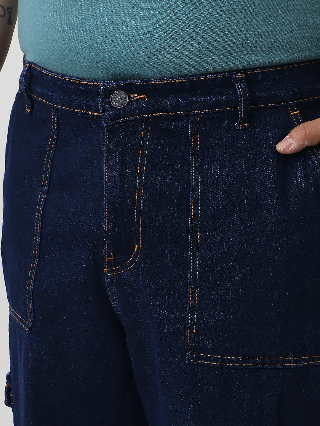 Plus Men's Dark Blue Loose Fit Cargo Jeans with 6 Pockets Non-Stretchable