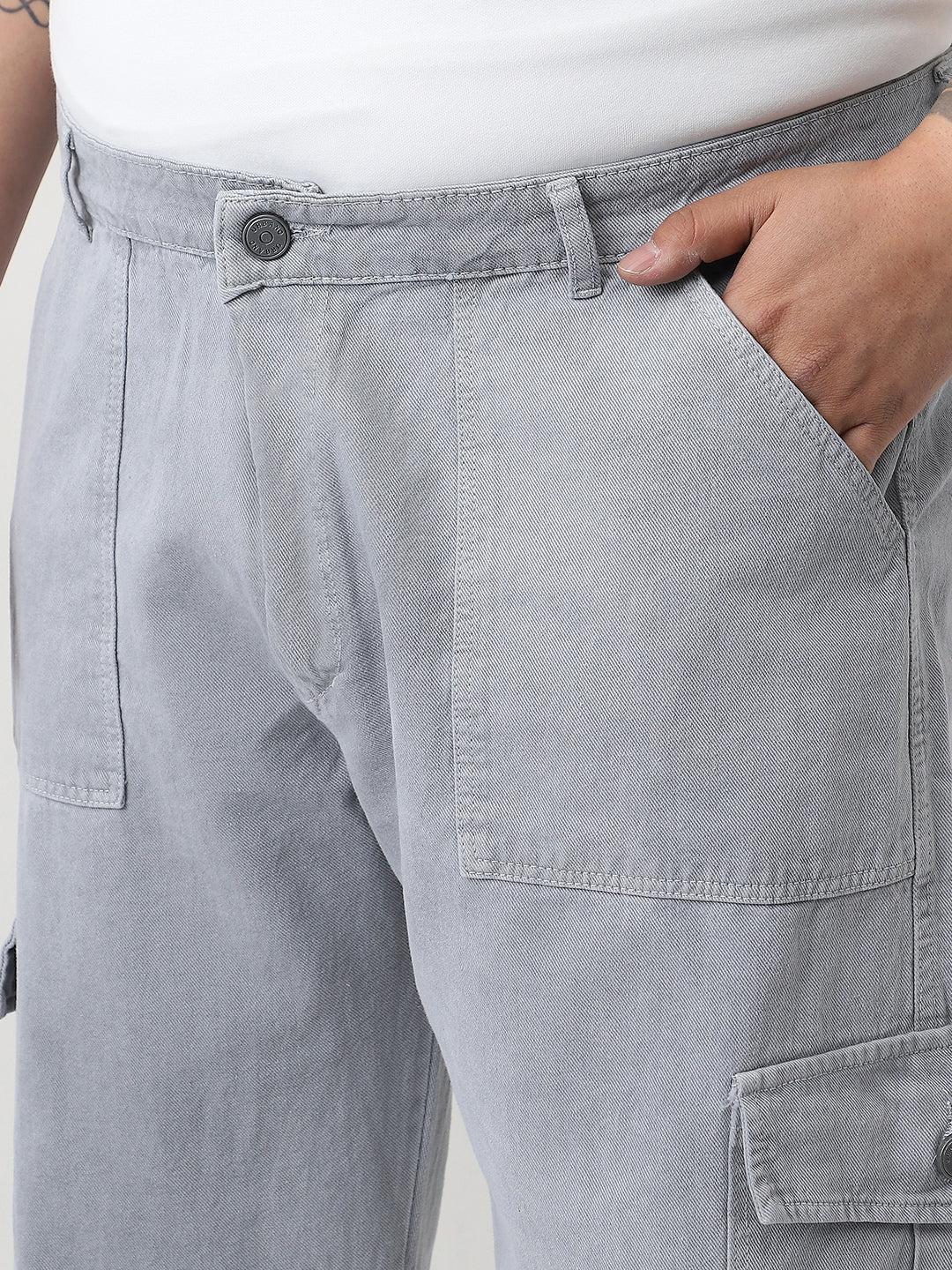 Plus Men's Ice Grey Loose Fit Cargo Jeans with 6 Pockets Non-Stretchable