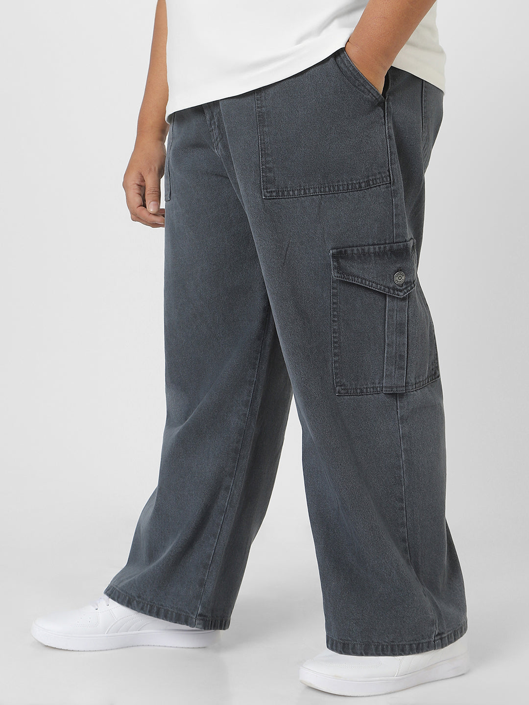 Plus Men's Grey Loose Fit Cargo Jeans with 6 Pockets Non-Stretchable