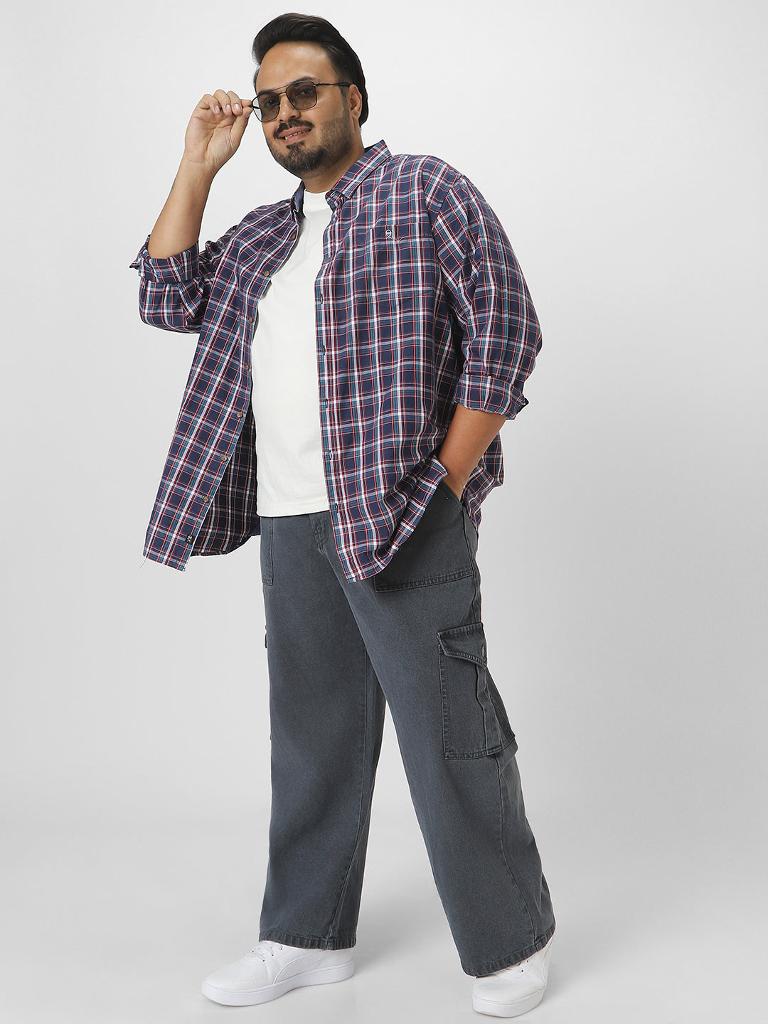 Plus Men's Grey Loose Fit Cargo Jeans with 6 Pockets Non-Stretchable