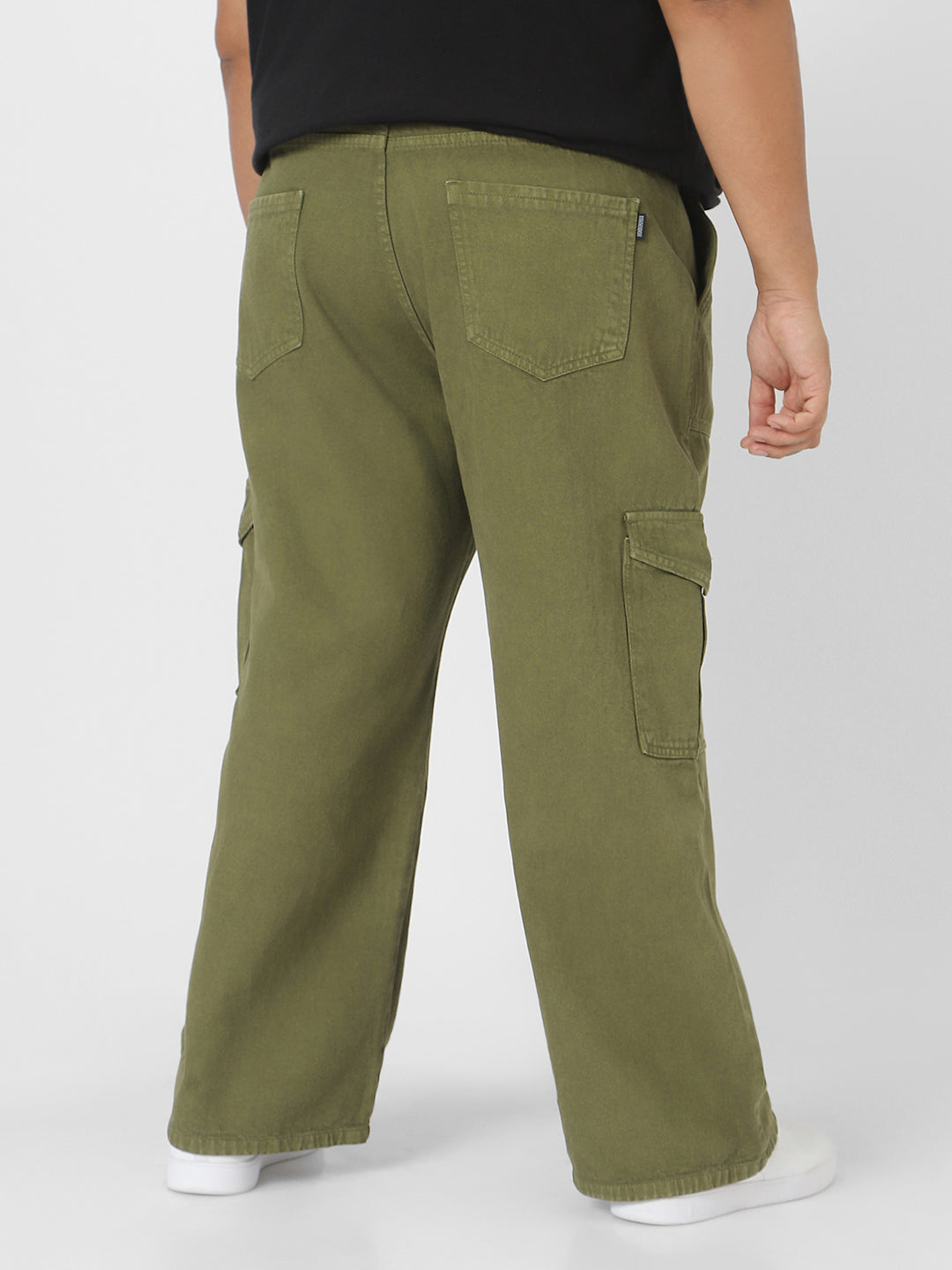 Plus Men's Olive Green Loose Fit Cargo Jeans with 6 Pockets Non-Stretchable