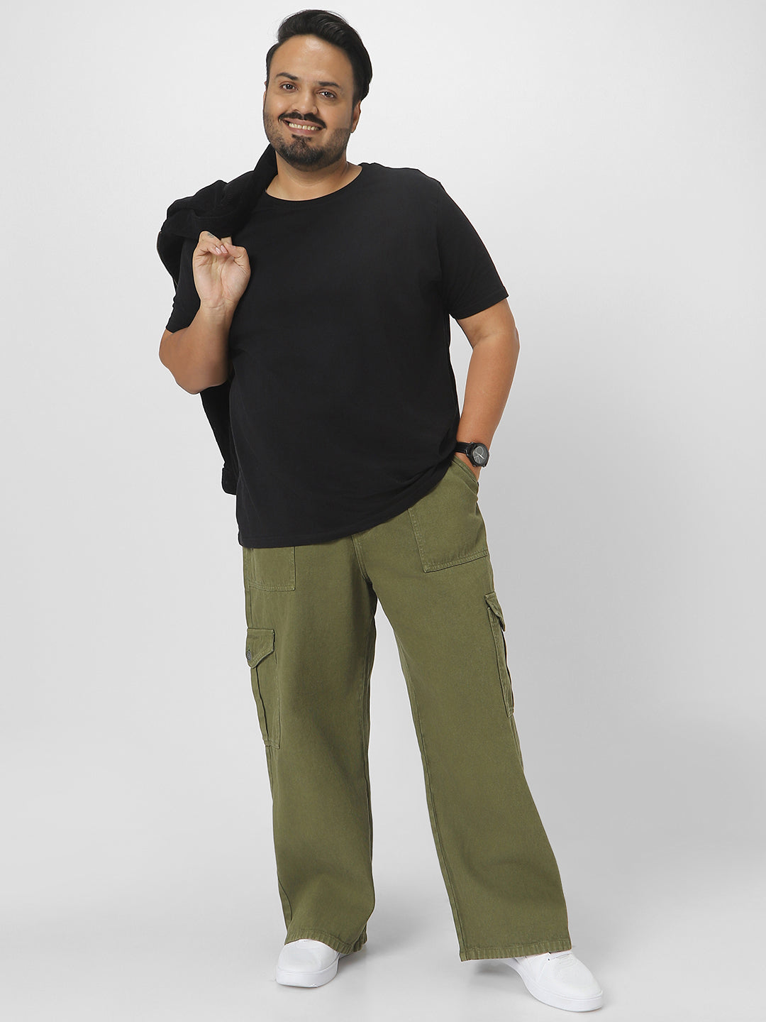Plus Men's Olive Green Loose Fit Cargo Jeans with 6 Pockets Non-Stretchable