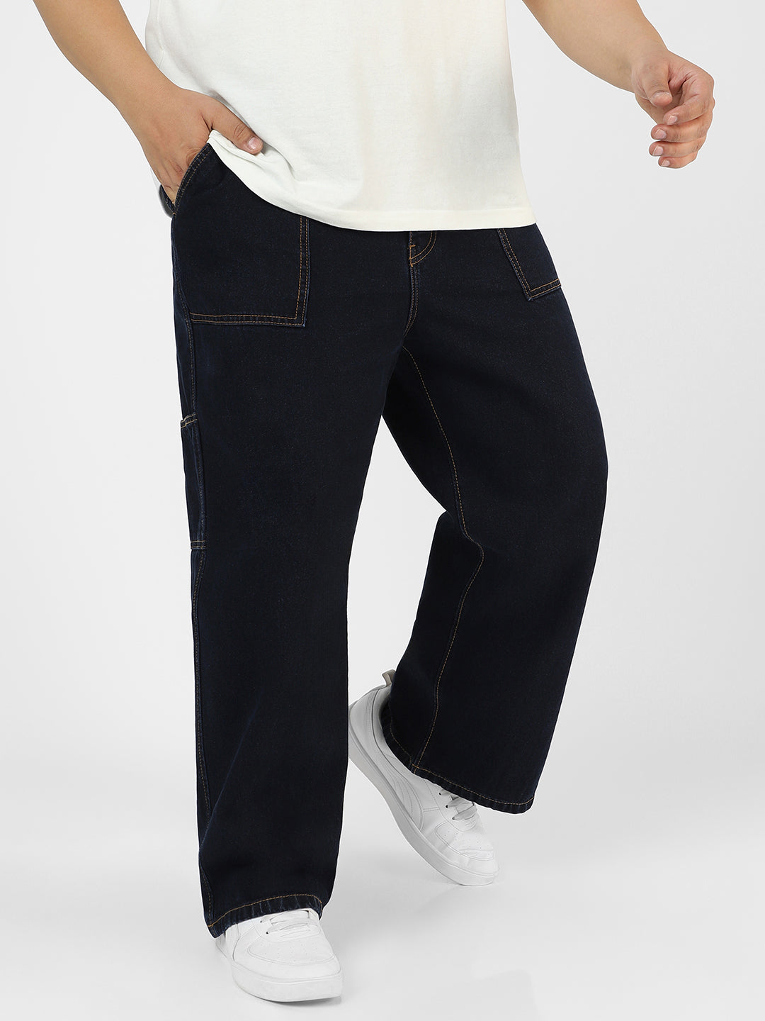 Plus Men's Dark Blue Loose Fit Cargo Carpenter Jeans With 6 Pockets Non-Stretchable