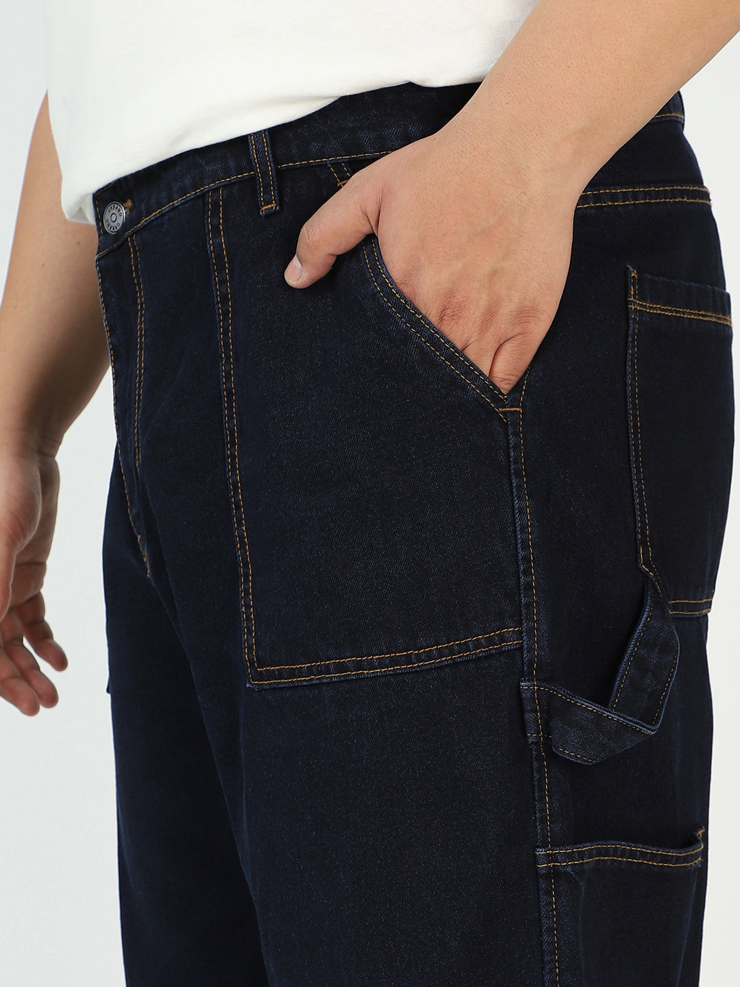 Plus Men's Dark Blue Loose Fit Cargo Carpenter Jeans With 6 Pockets Non-Stretchable