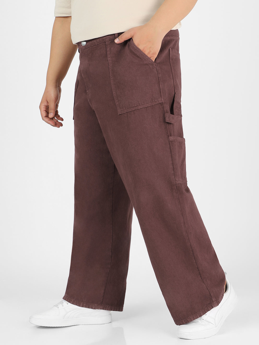 Plus Men's Dark Brown Loose Fit Cargo Carpenter Jeans With 6 Pockets Non-Stretchable