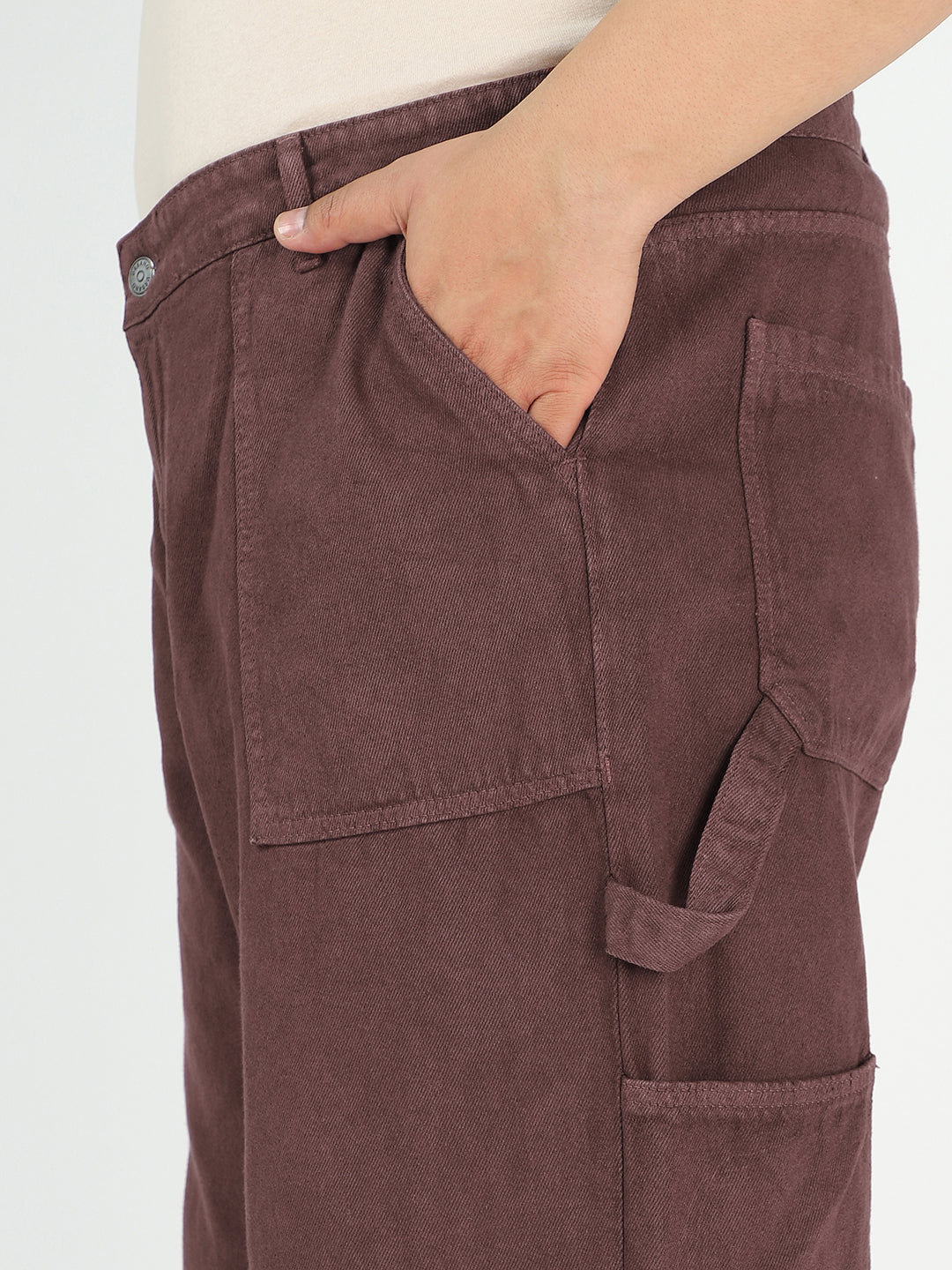 Plus Men's Dark Brown Loose Fit Cargo Carpenter Jeans With 6 Pockets Non-Stretchable