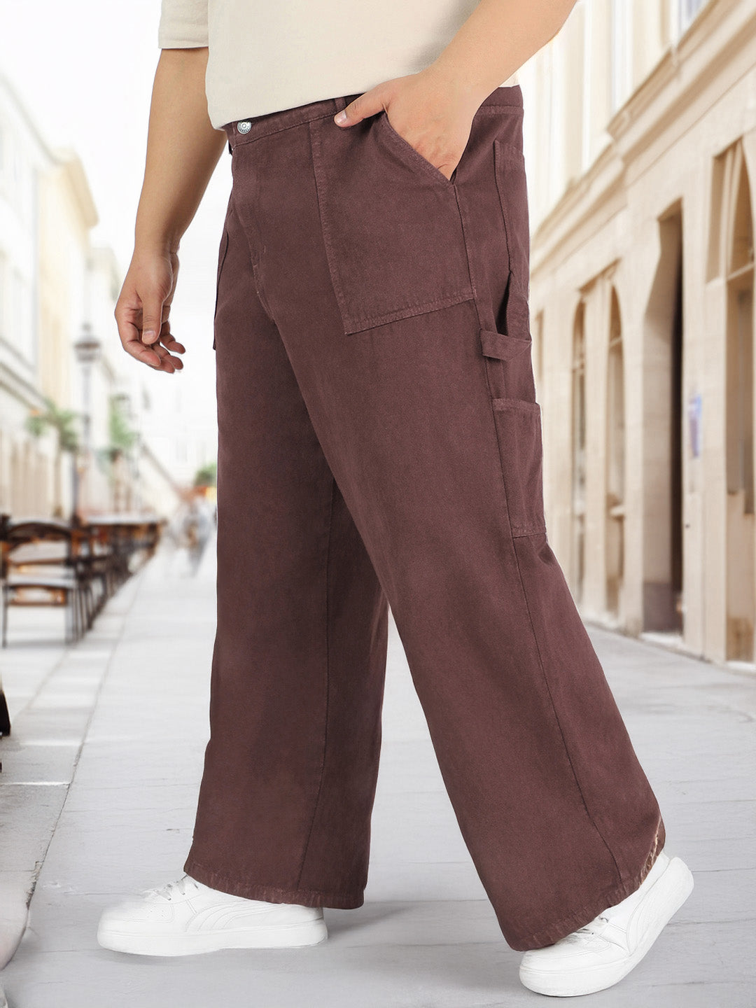 Plus Men's Dark Brown Loose Fit Cargo Carpenter Jeans With 6 Pockets Non-Stretchable