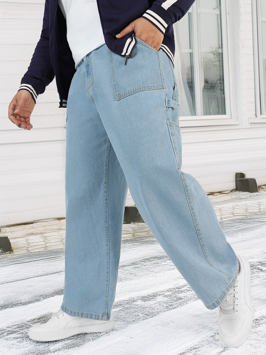 Plus Men's Ice Blue Loose Fit Cargo Carpenter Jeans With 6 Pockets Non-Stretchable