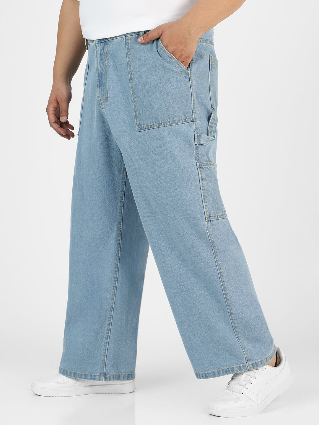 Plus Men's Ice Blue Loose Fit Cargo Carpenter Jeans With 6 Pockets Non-Stretchable