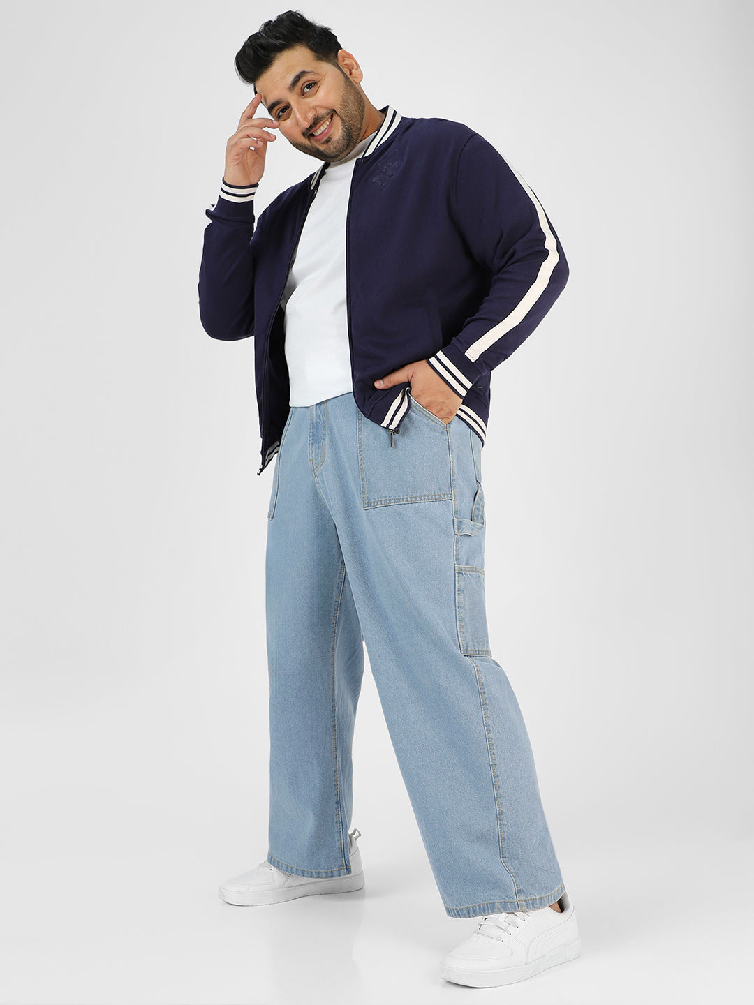 Plus Men's Ice Blue Loose Fit Cargo Carpenter Jeans With 6 Pockets Non-Stretchable