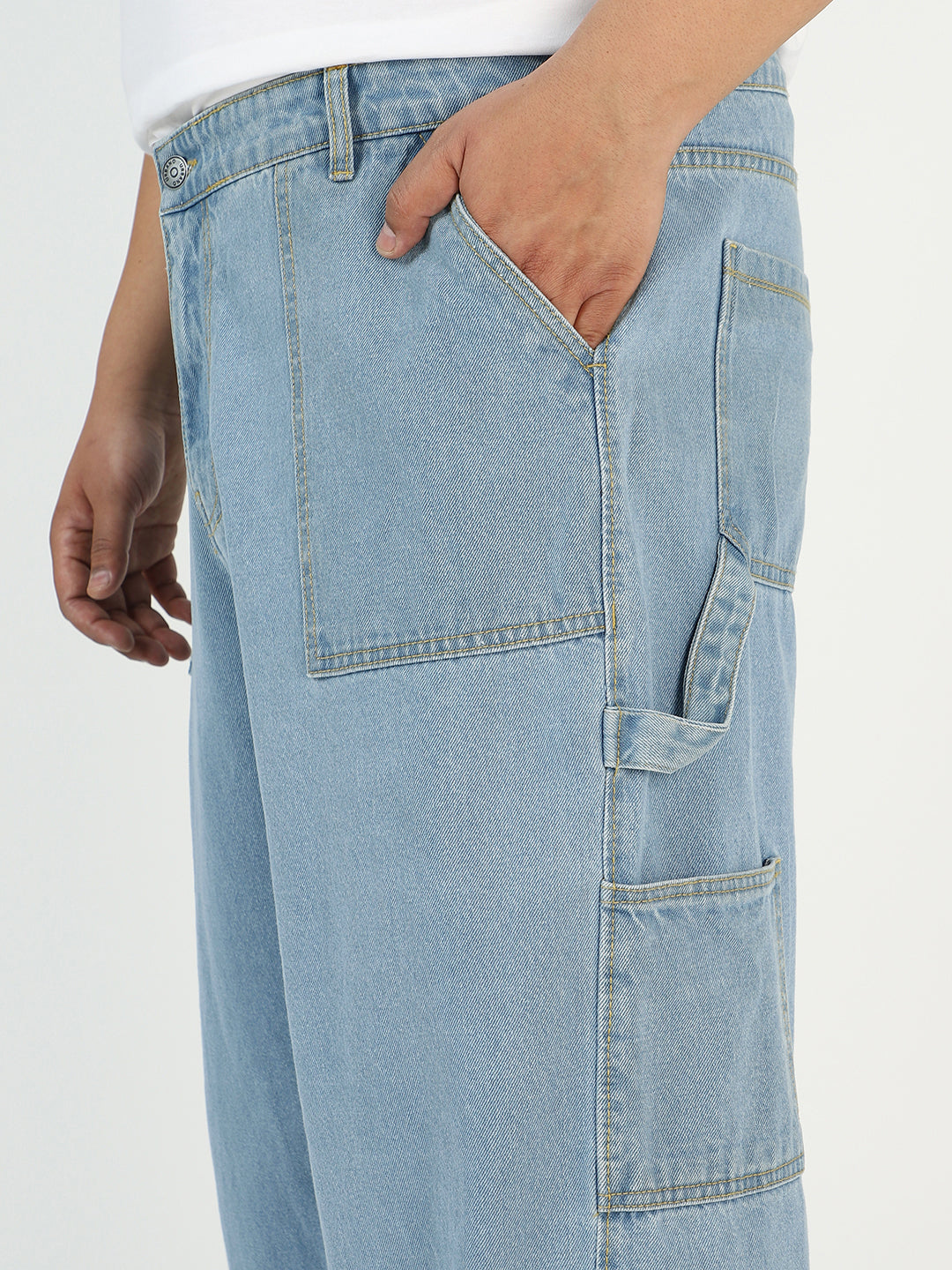 Plus Men's Ice Blue Loose Fit Cargo Carpenter Jeans With 6 Pockets Non-Stretchable