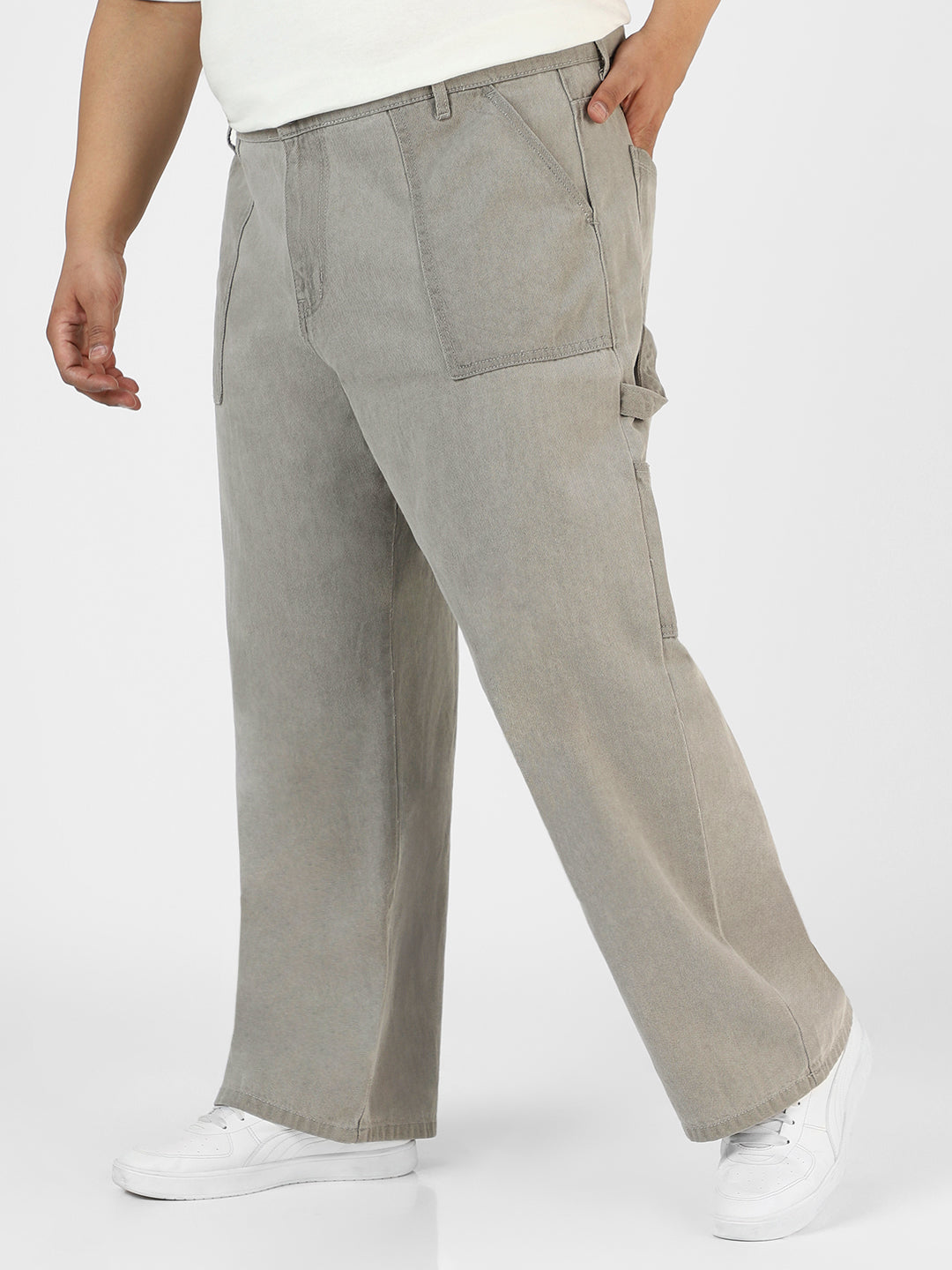 Plus Men's Ice Grey Loose Fit Cargo Carpenter Jeans With 6 Pockets Non-Stretchable