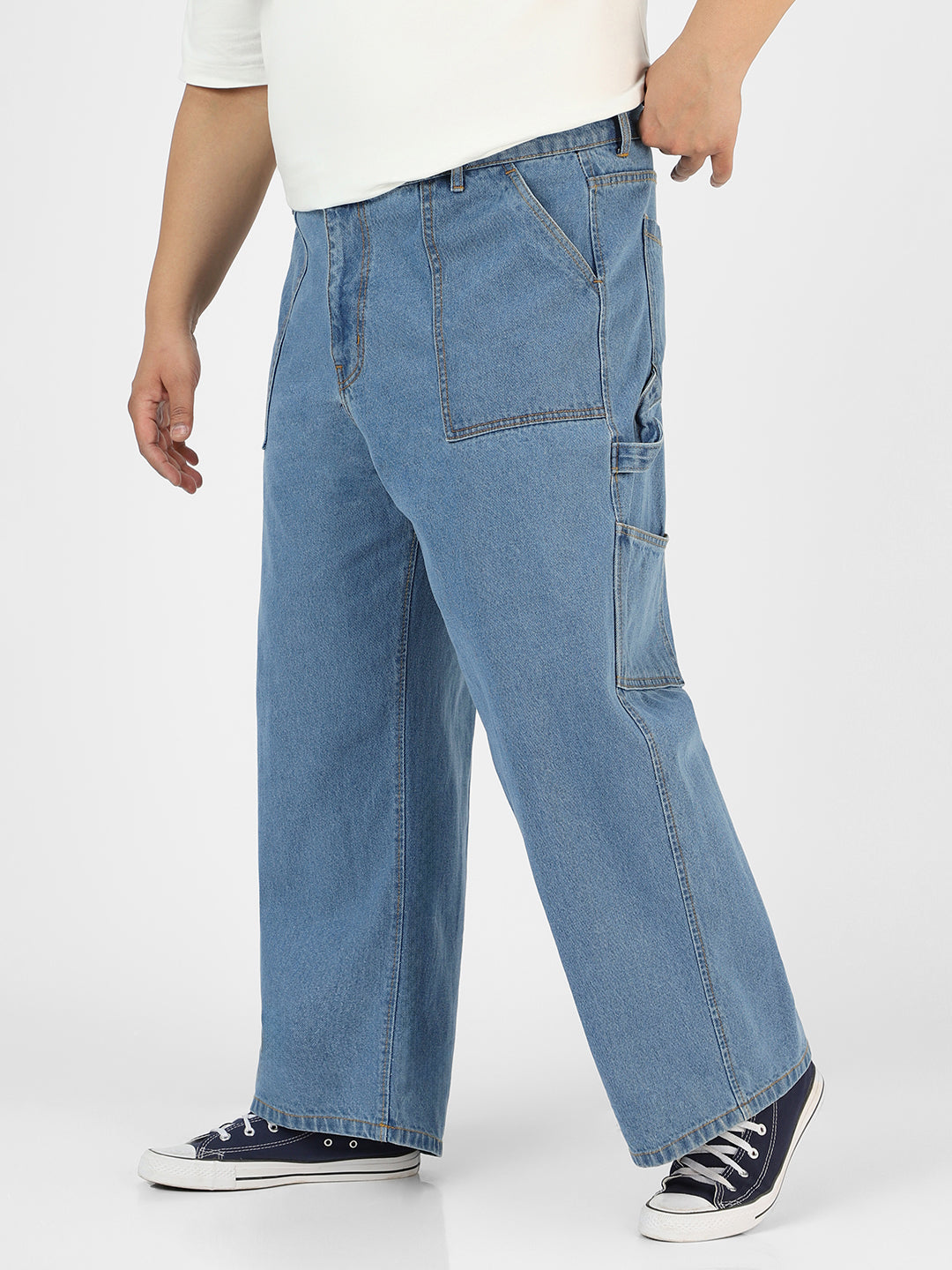 Plus Men's Light Blue Loose Fit Cargo Carpenter Jeans With 6 Pockets Non-Stretchable