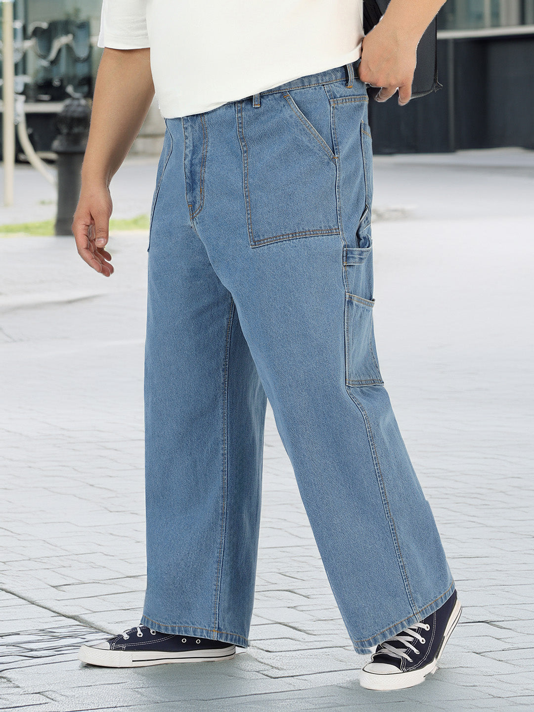 Plus Men's Light Blue Loose Fit Cargo Carpenter Jeans With 6 Pockets Non-Stretchable