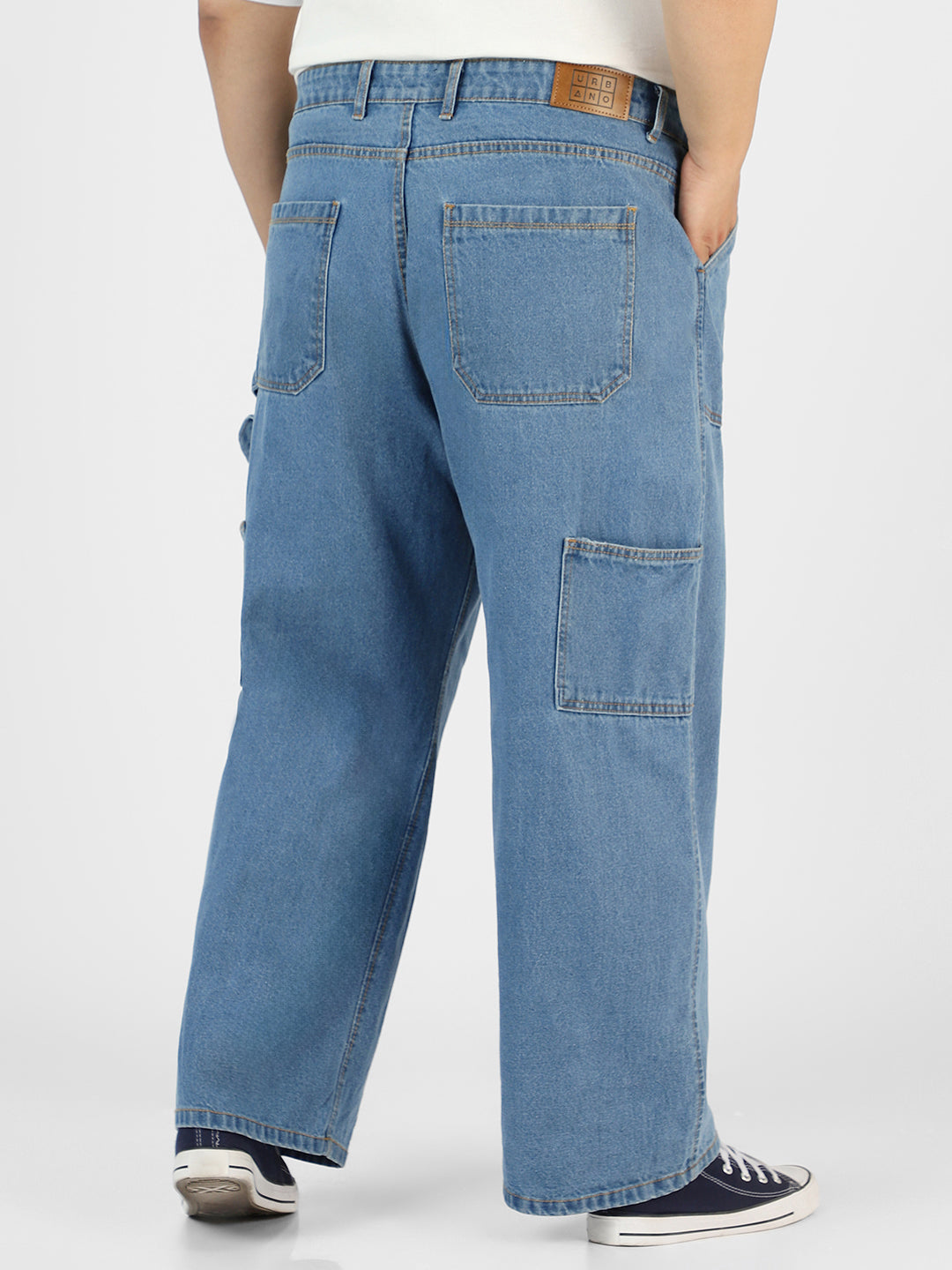 Plus Men's Light Blue Loose Fit Cargo Carpenter Jeans With 6 Pockets Non-Stretchable