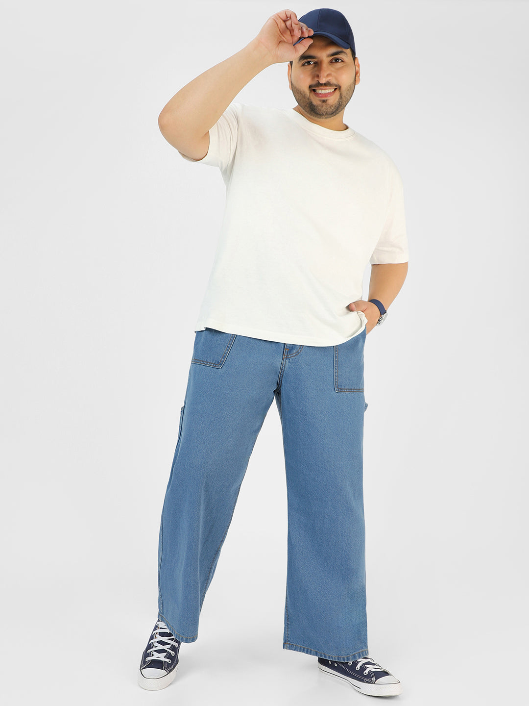 Plus Men's Light Blue Loose Fit Cargo Carpenter Jeans With 6 Pockets Non-Stretchable