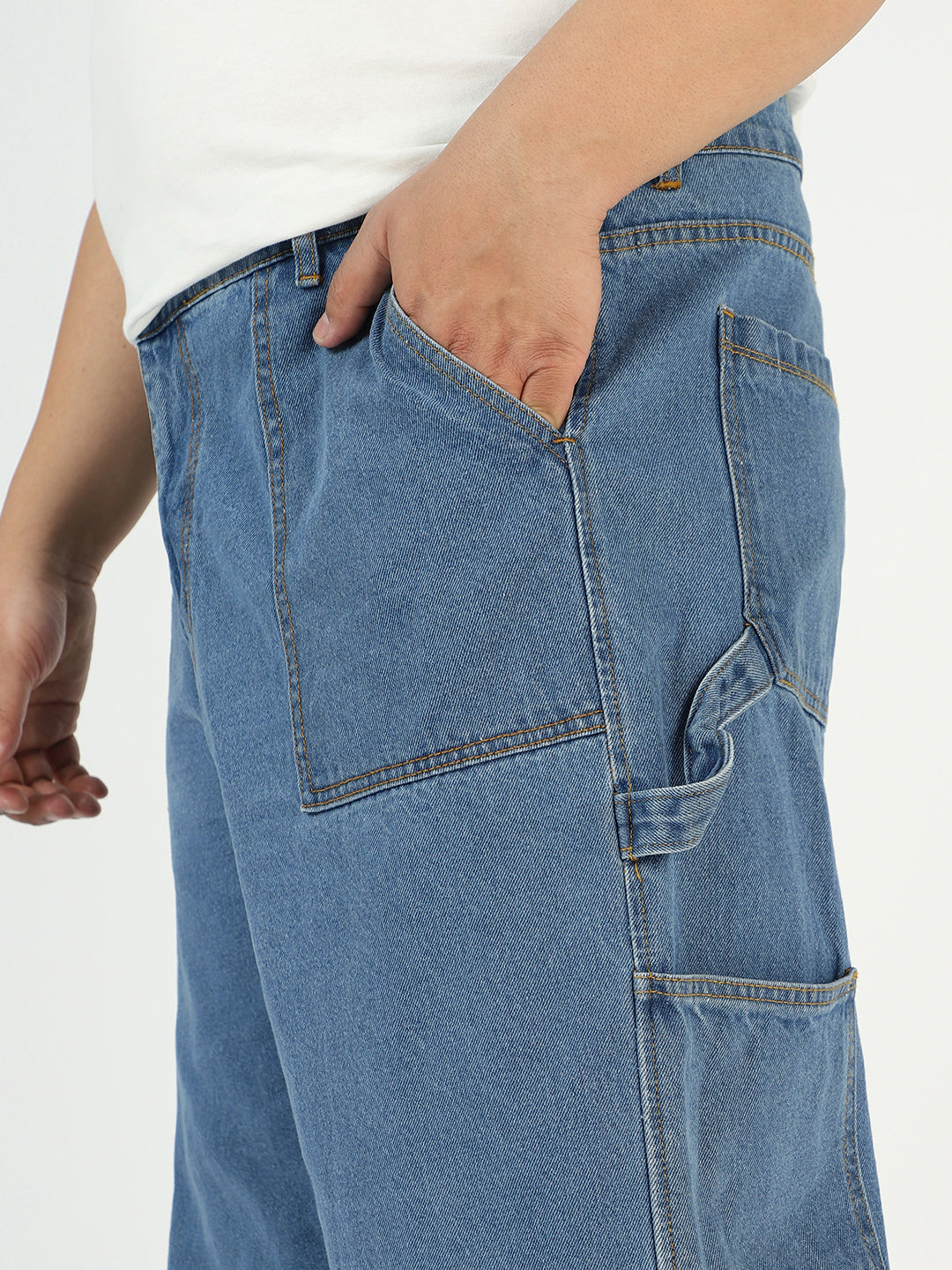Plus Men's Light Blue Loose Fit Cargo Carpenter Jeans With 6 Pockets Non-Stretchable