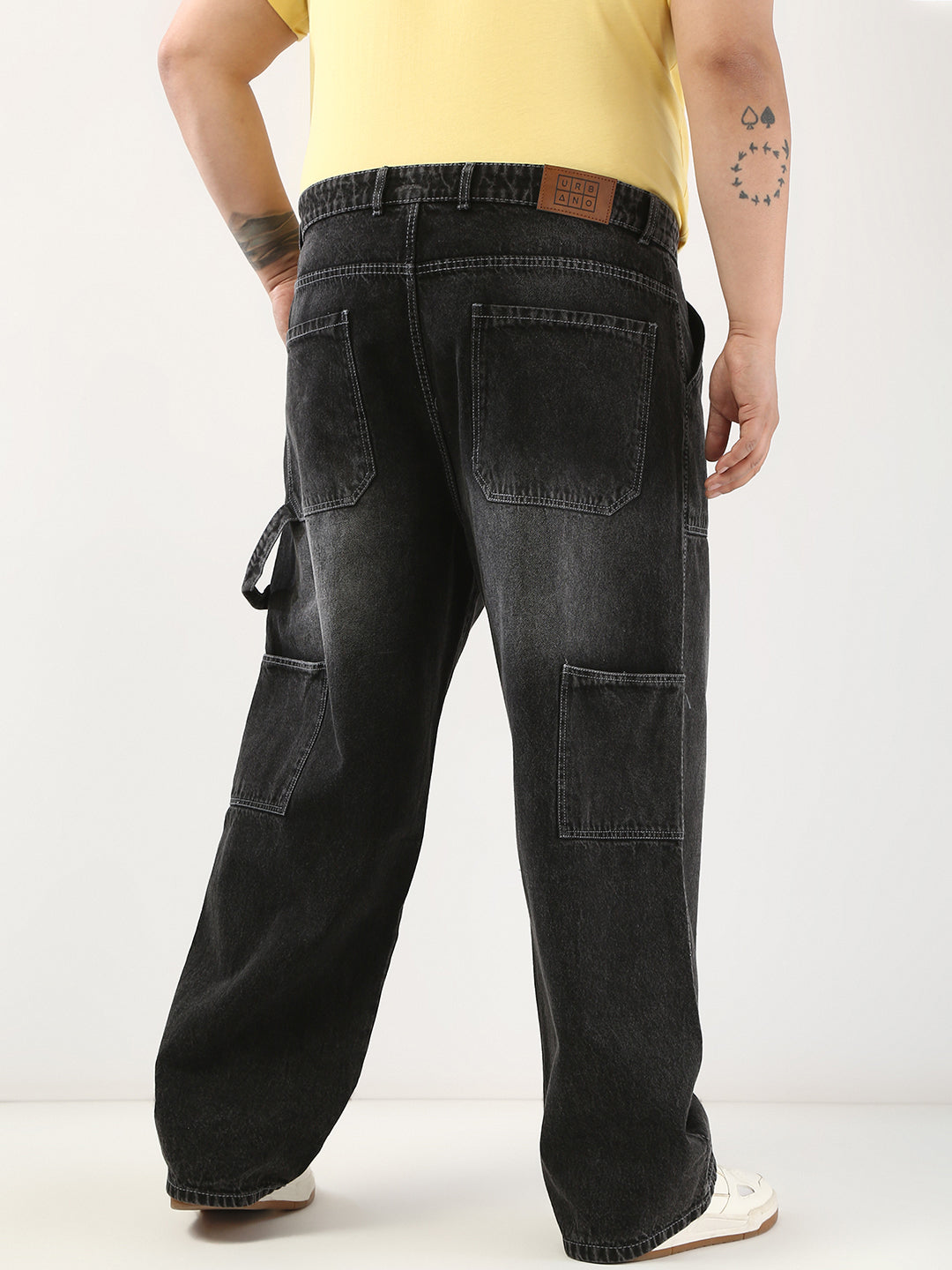 Plus Men's Black Loose Fit Cargo Carpenter Jeans With 6 Pockets Non-Stretchable