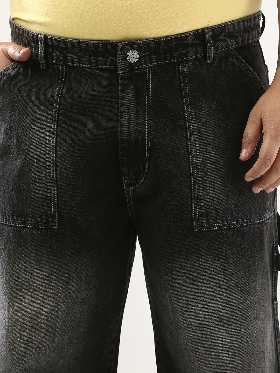 Plus Men's Black Loose Fit Cargo Carpenter Jeans With 6 Pockets Non-Stretchable