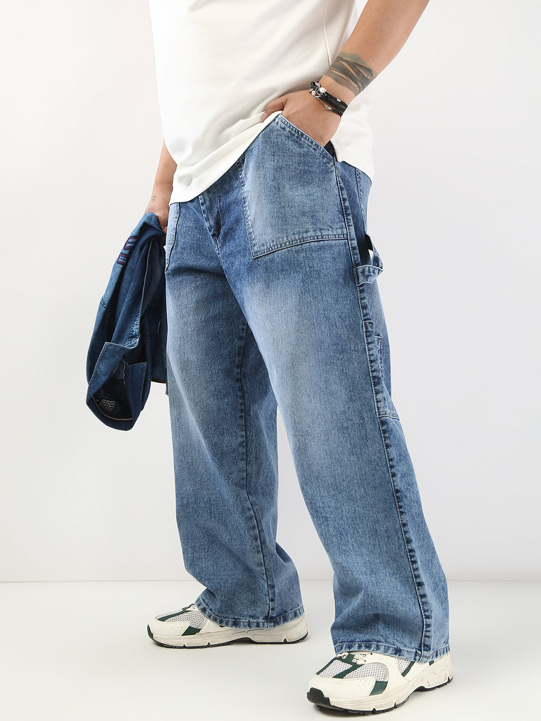 Plus Men's Light Blue Loose Fit Cargo Carpenter Jeans With 6 Pockets Non-Stretchable