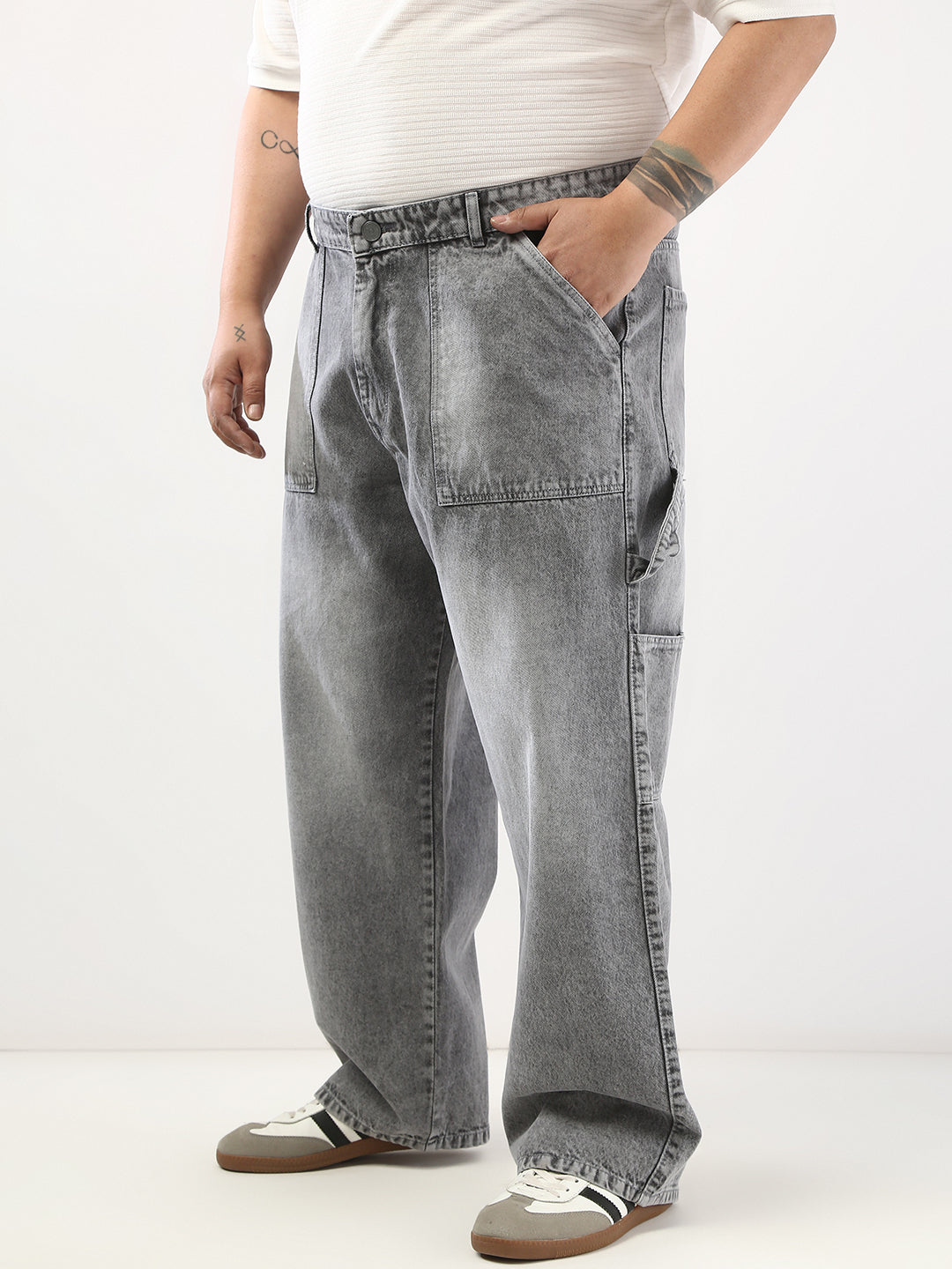 Plus Men's Light Grey Loose Fit Cargo Carpenter Jeans With 6 Pockets Non-Stretchable