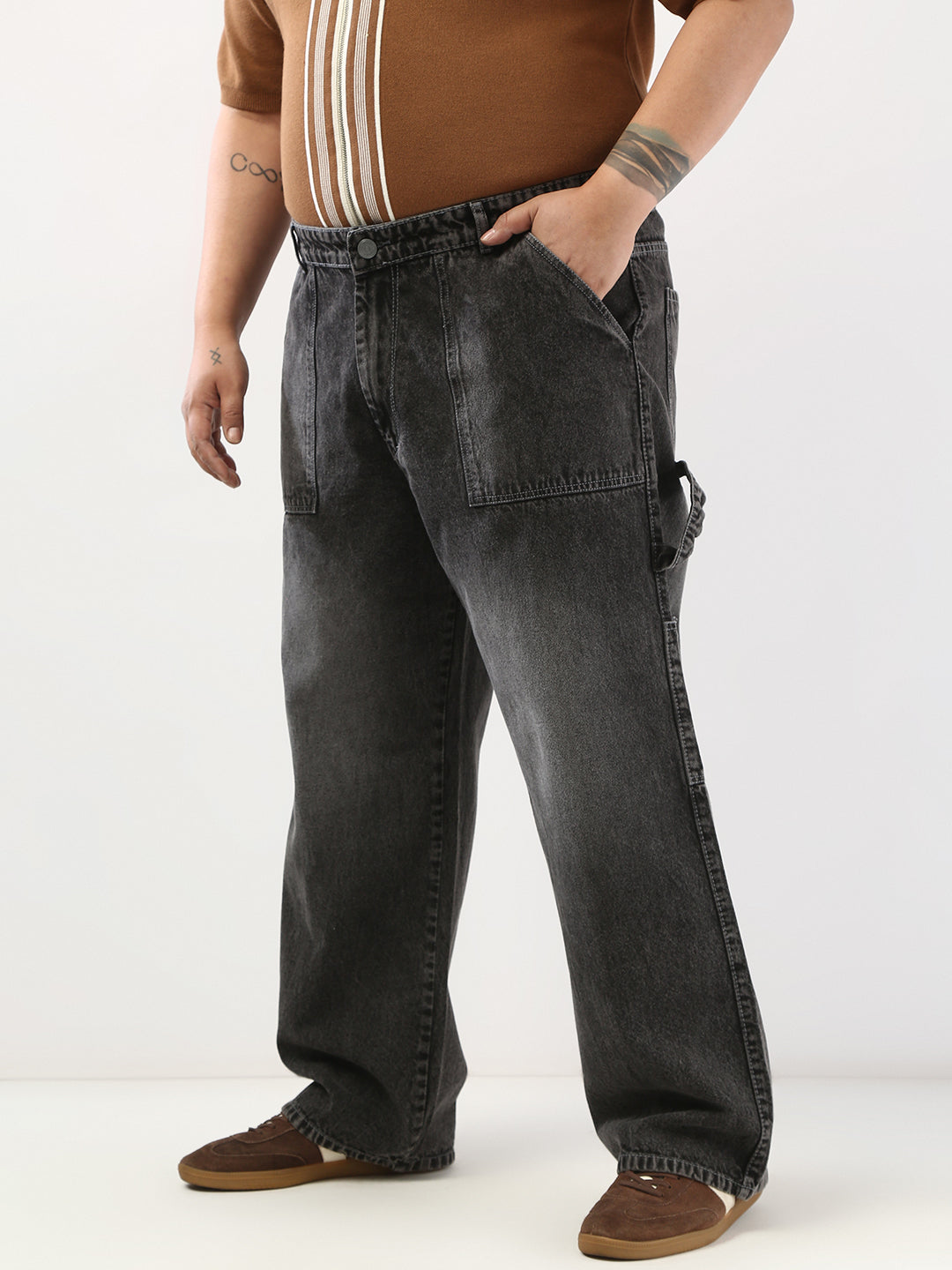 Plus Men's Grey Loose Fit Cargo Carpenter Jeans With 6 Pockets Non-Stretchable