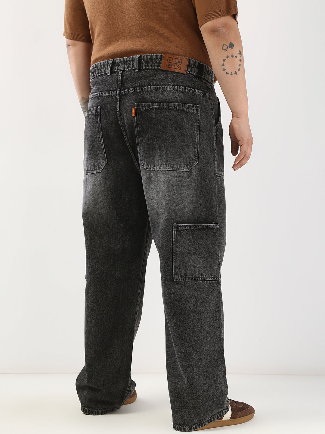 Plus Men's Grey Loose Fit Cargo Carpenter Jeans With 6 Pockets Non-Stretchable