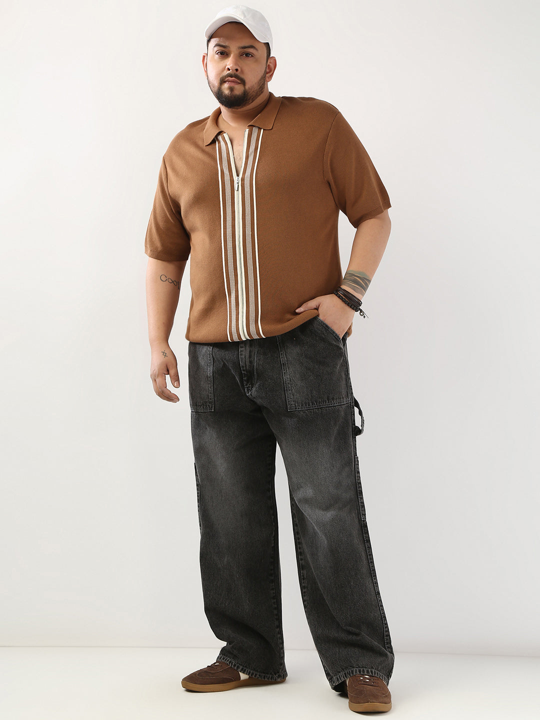 Plus Men's Grey Loose Fit Cargo Carpenter Jeans With 6 Pockets Non-Stretchable